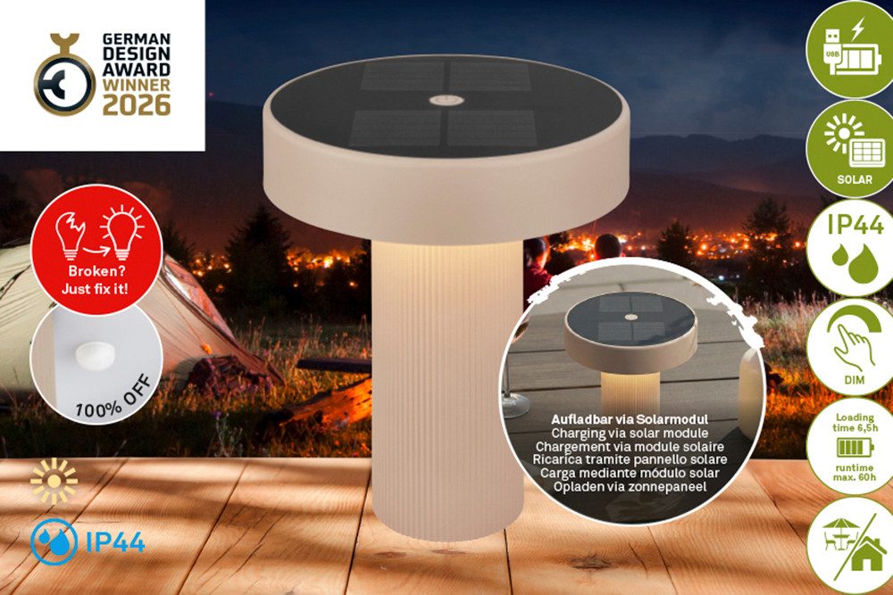 Briloner Leuchten LED Außen-Tischleuchte POGA, LED fest integriert, 16x20 cm, Akku tauschbar, Indoor/Outdoor, Wohnzimmer, Balkon
