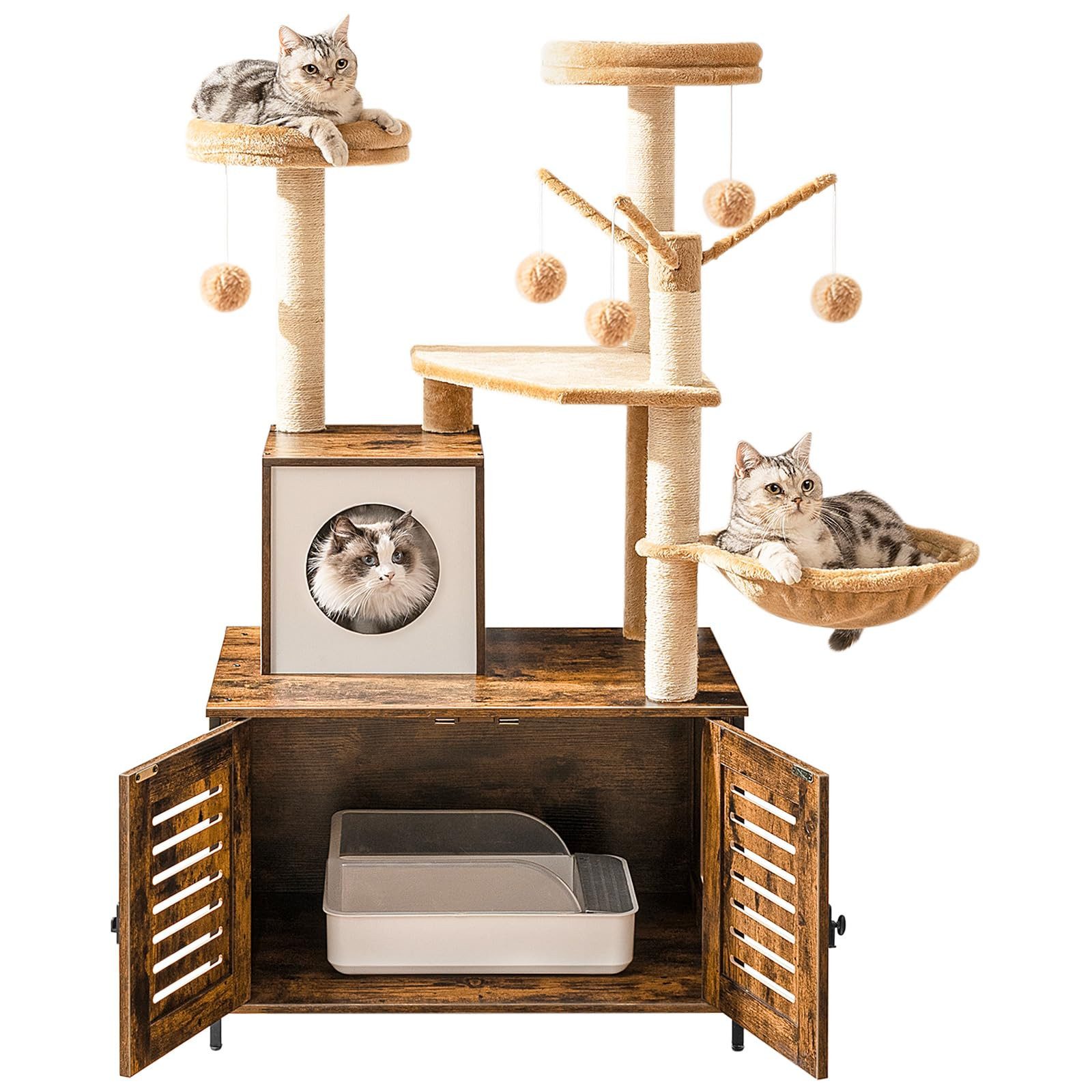 Hoobro Kratzbaum katzenbaumTurm mit katzenklo Schrank, versteckte Katzentoilettenmöbel, 132 cm, Abnehmbare Plüschball-Stangen