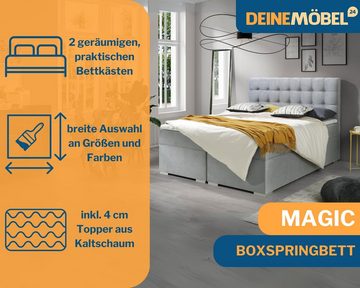 Deine Möbel 24 Boxspringbett MAGIC Komplettbett Polsterbett inkl. Bonellfederkernmatratzen H3 (Ehebett Bett inkl. Matratzen H3 oder H4 zur Auswahl), 120x200 140x200 160x200 180x200 200x200 inkl. Bettkästen und Topper