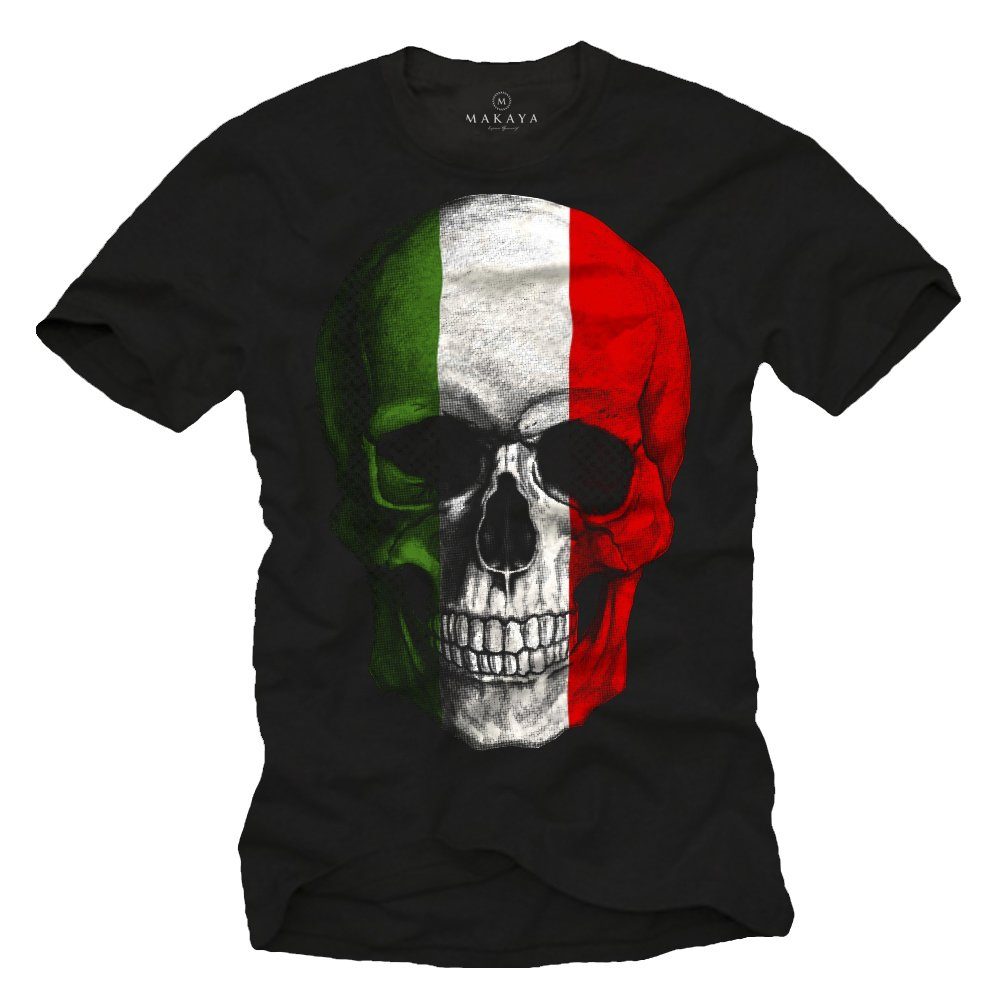 MAKAYA Print-Shirt Italien Flagge Fußball Baumwolle Fahne mit aus Männer Totenkopf Druck, mit Herren Skull T-Shirt