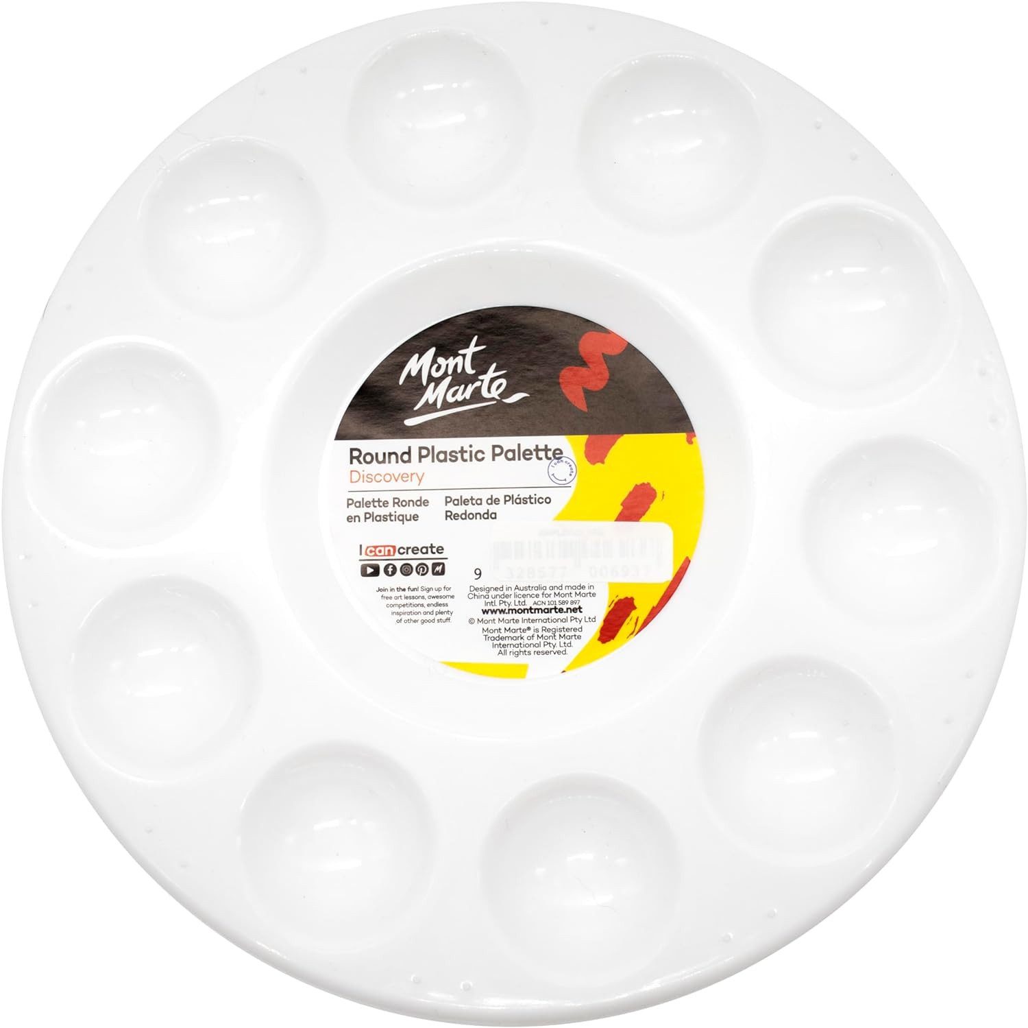 Mont Marte Malpalette Runde 17cm – 11 Mischmulden – Robuste Farbpalette, Ideal für Acryl-, Gouache- & Aquarellfarben und kreative Ideen