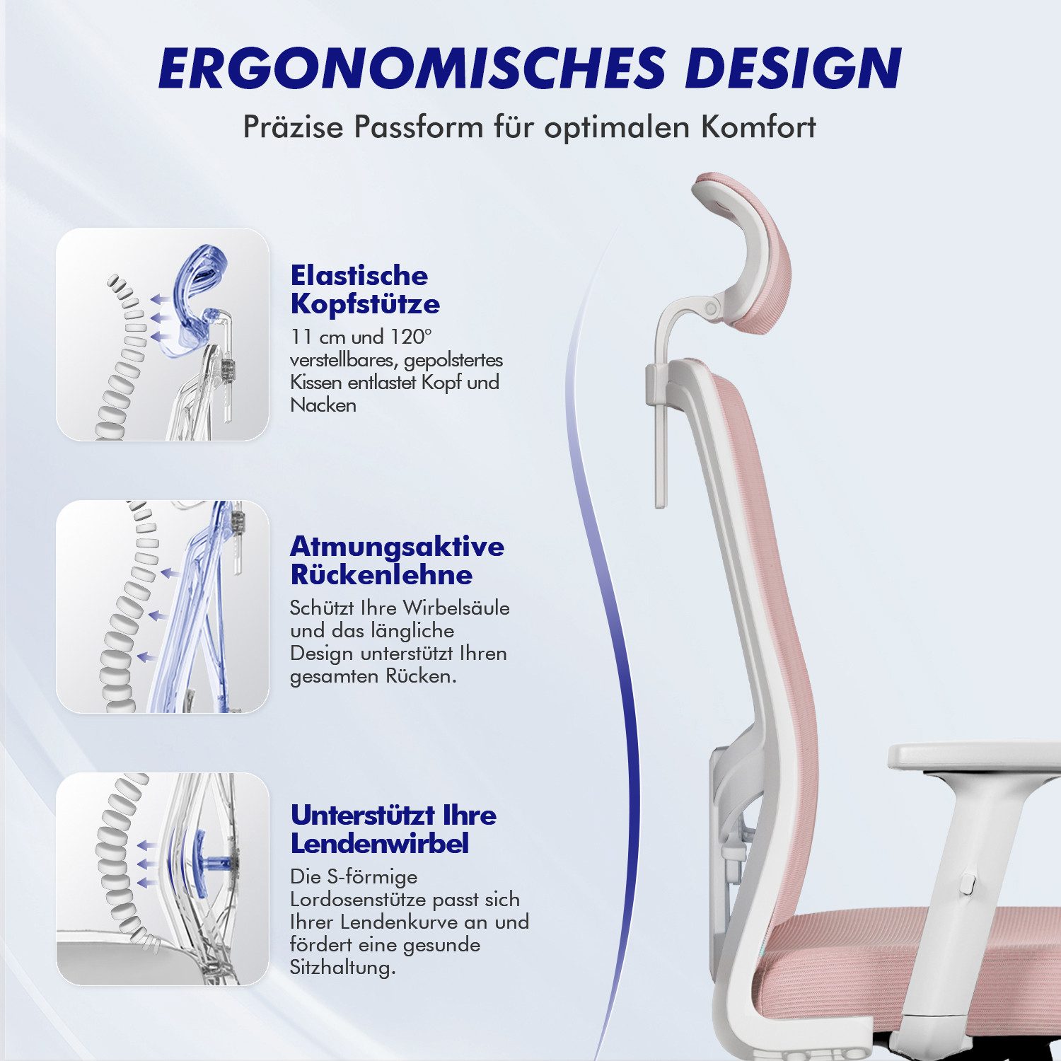 Adormii Bürostuhl bürostuhl ergonomisch, schreibtischstuhl mit verstellbarer Lendenstütze (Ergonomischer bürostuhl mit verstellbaren Armlehnen, büro stuhl bis zu 135° neigbar, ergonomic office chair mit höhenverstellbarer, atmungsaktiv und komfortabel, bürostuhl 200 kg)