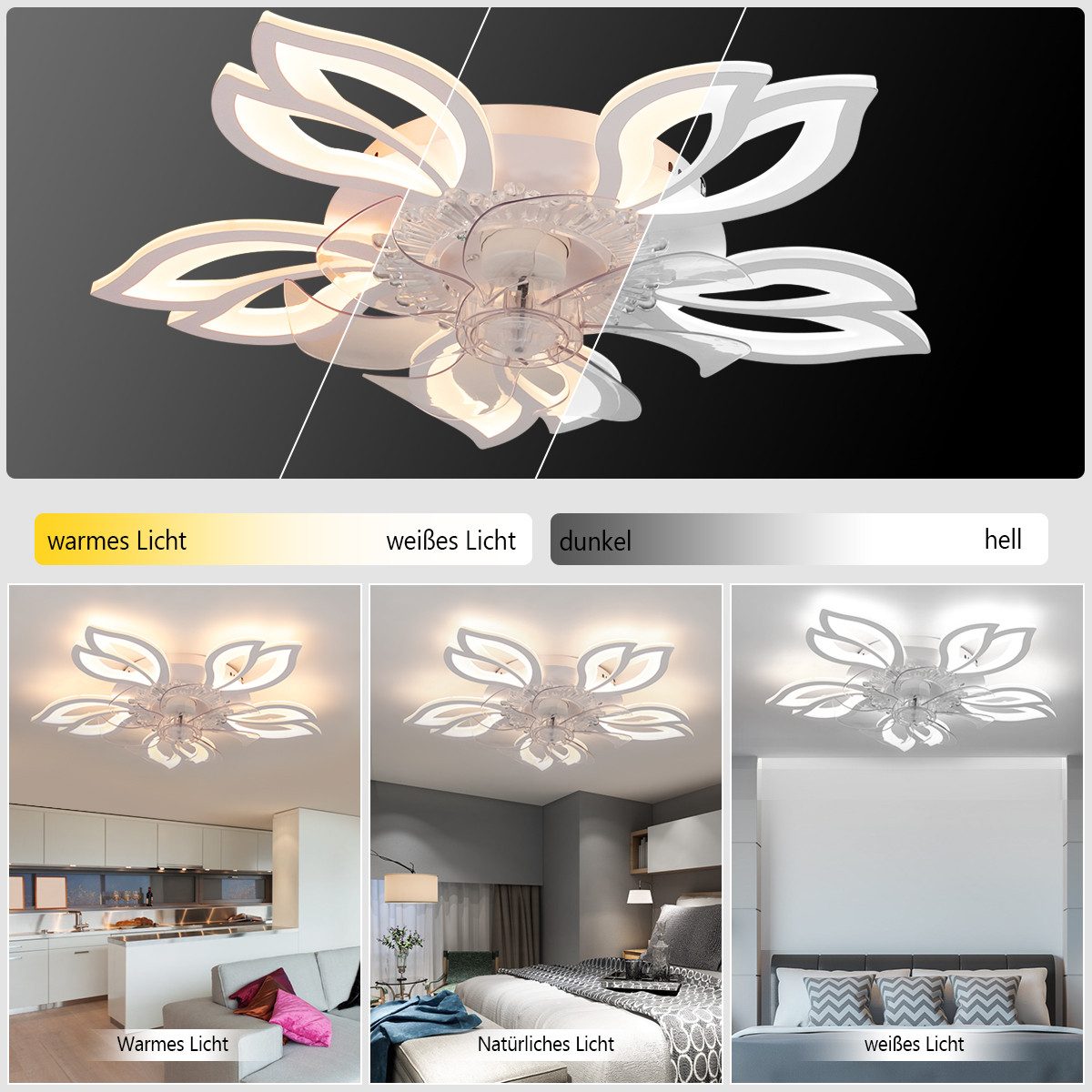 oyajia Deckenleuchte Leise Deckenventilator mit Beleuchtung, 85W Deckenlampe Mit Ventilator, LED fest integriert, Kaltweiß, Neutralweiß, Warmweiß, 6 Geschwindigkeit Blume Deckenleuchte,mit Fernbedienung Dimmbar