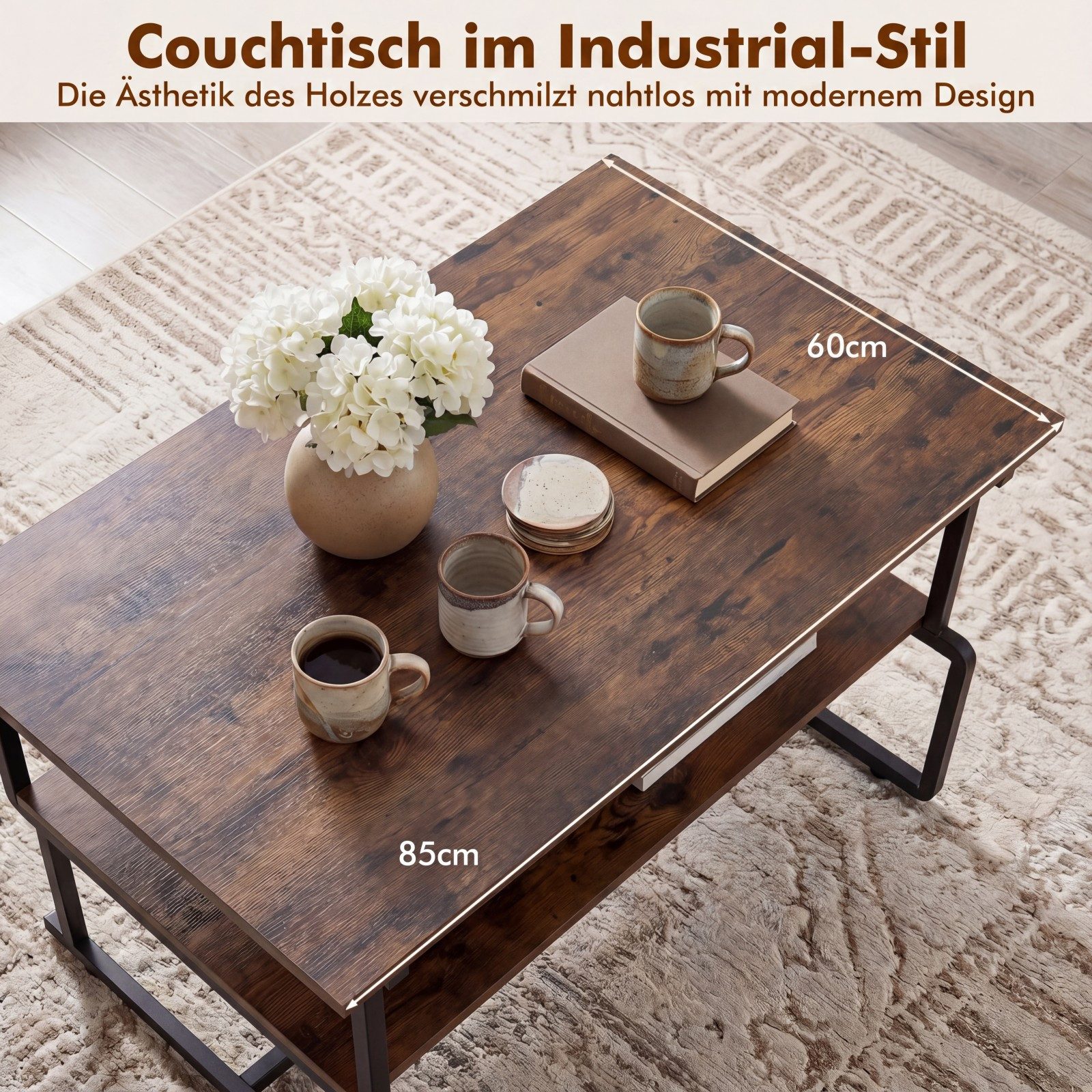 COSTWAY Couchtisch, rechteckiger Wohnzimmertisch mit Stauraum Holz