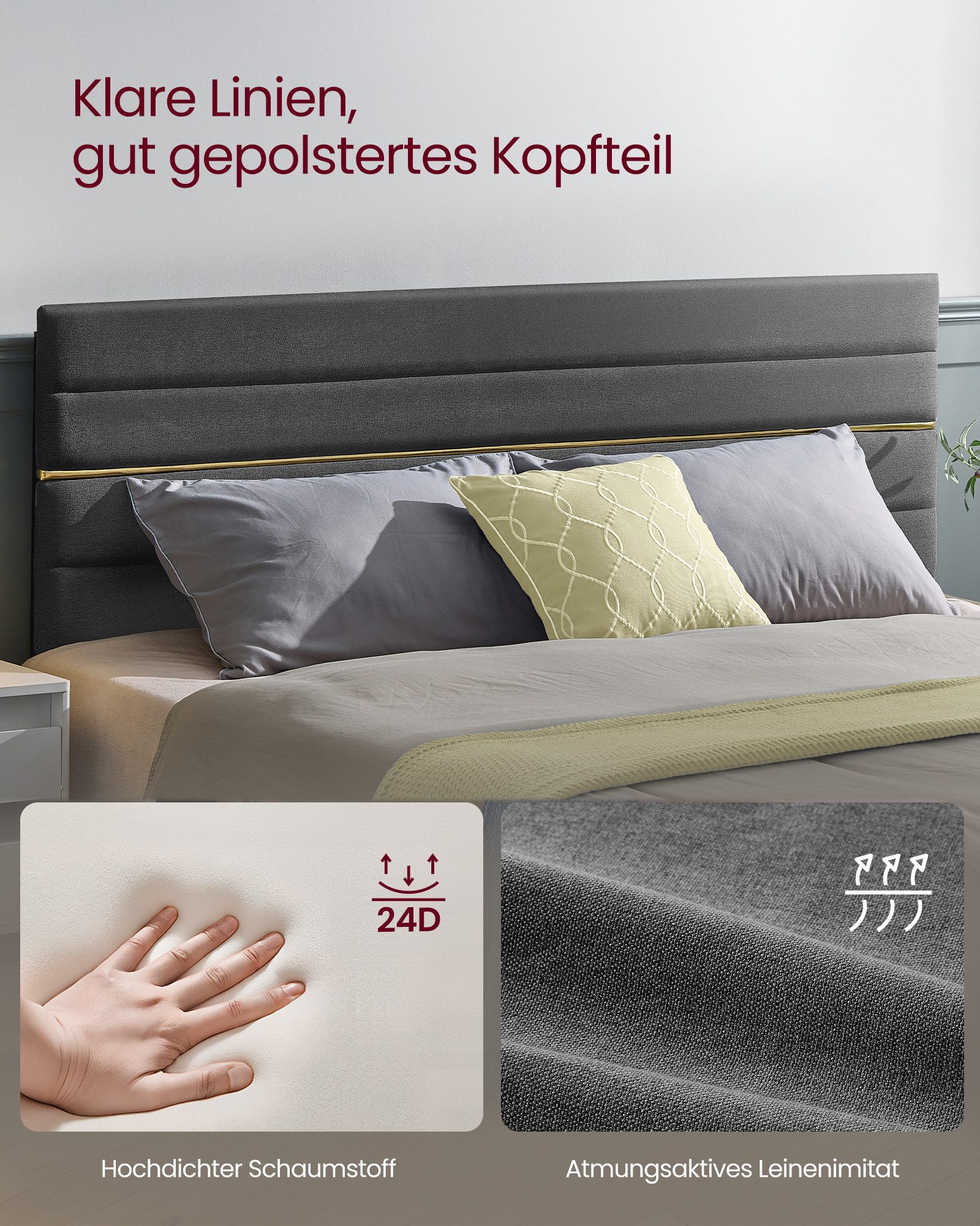 VASAGLE Polsterbett (160 x 200 cm, geräuscharm, mit Lattenrost und verstellbarem Kopfteil), Bettgestell, hochtragfähig, robust, in 3 Größen verfügbar