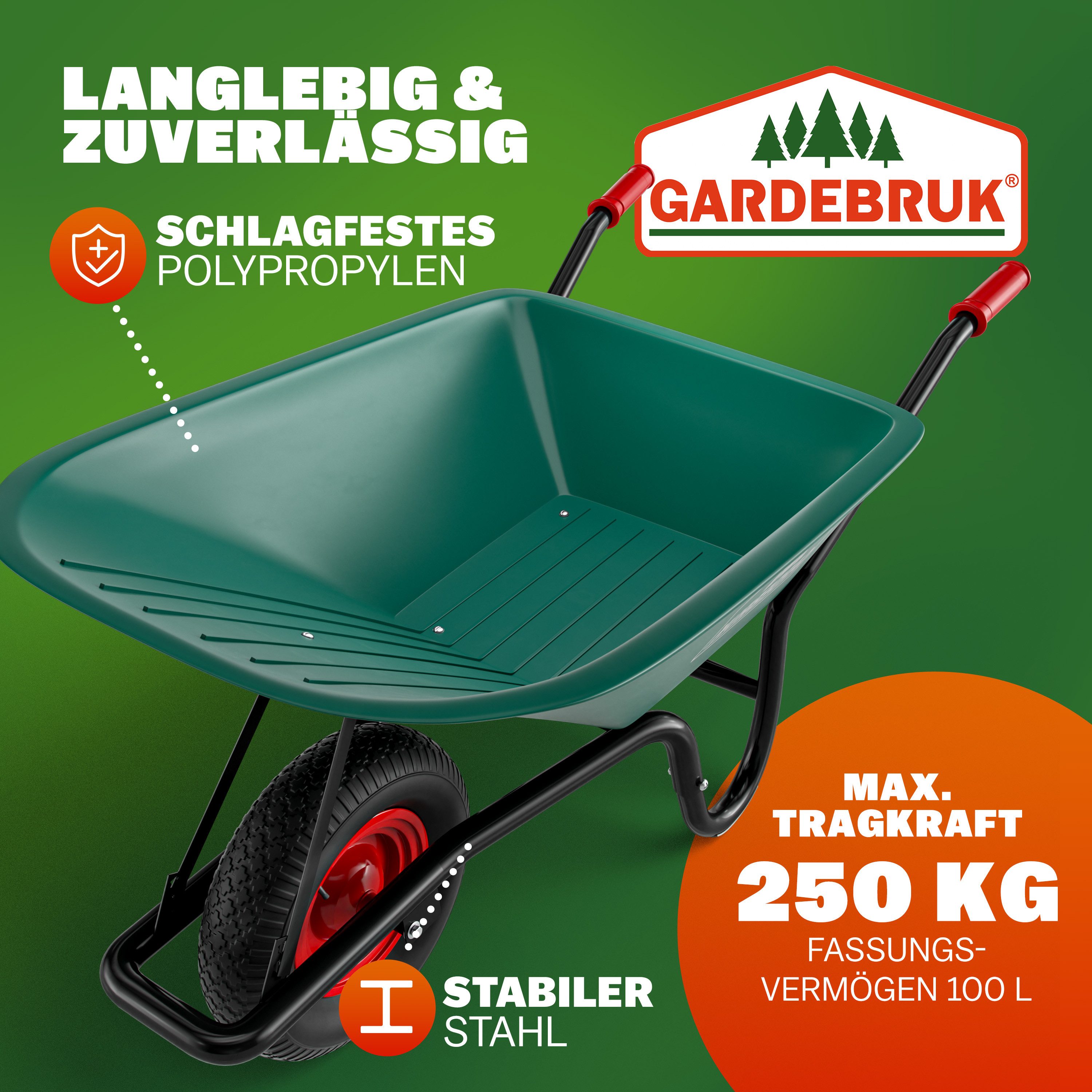 Gardebruk Schubkarre, 100 Liter Bauschubkarre Gartenschubkarre bis 250kg Belastbarkeit