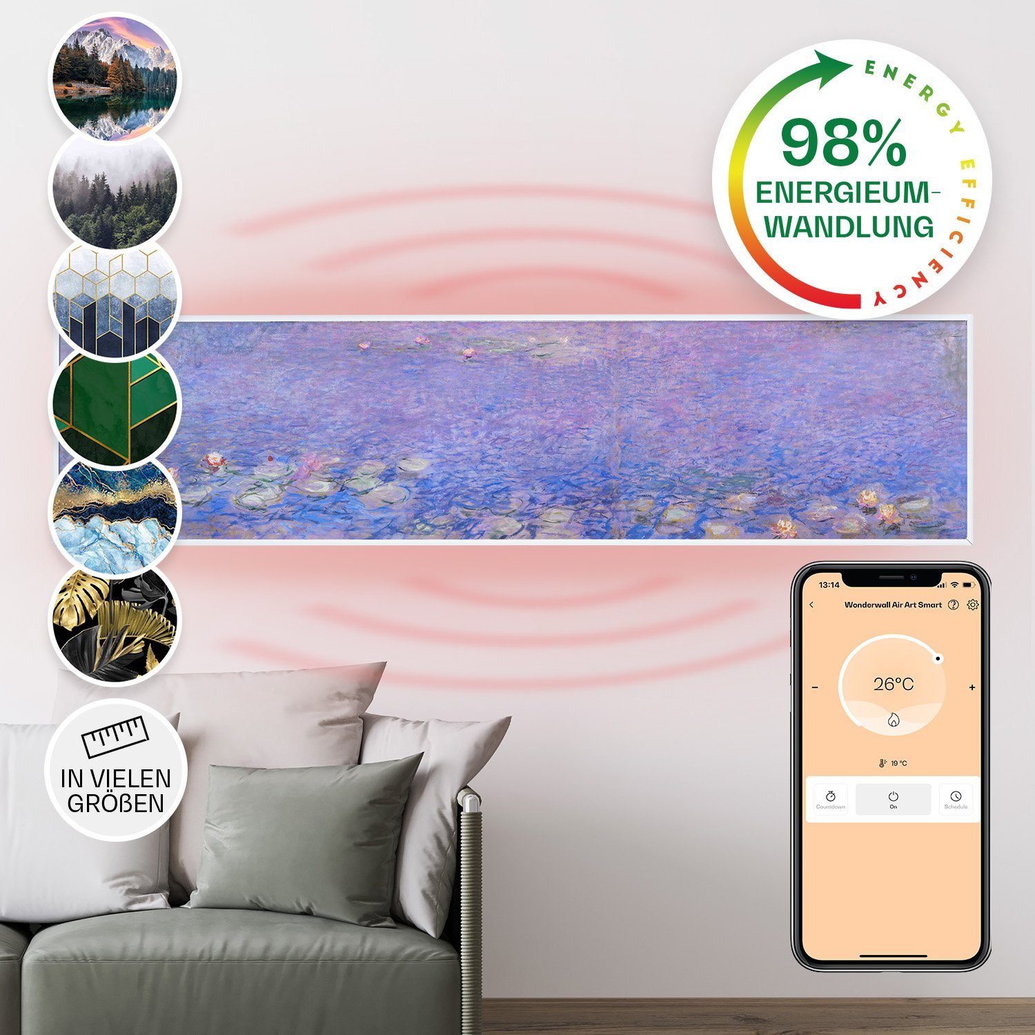 Klarstein Heizkörper »Wonderwall Air Art Smart Infrarotheizung 120x30cm  350W Wandinstallation App-Steuerung Seerosen«, elektrische Infrarot  Wandheizung Thermostat Bild Heizung elektrisch