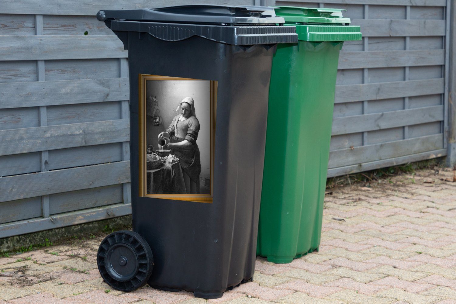 MuchoWow Wandsticker St), Sticker, Vermeer - Mülltonne, Rahmen Abfalbehälter Mülleimer-aufkleber, - Container, (1 Gold Milchmädchen -