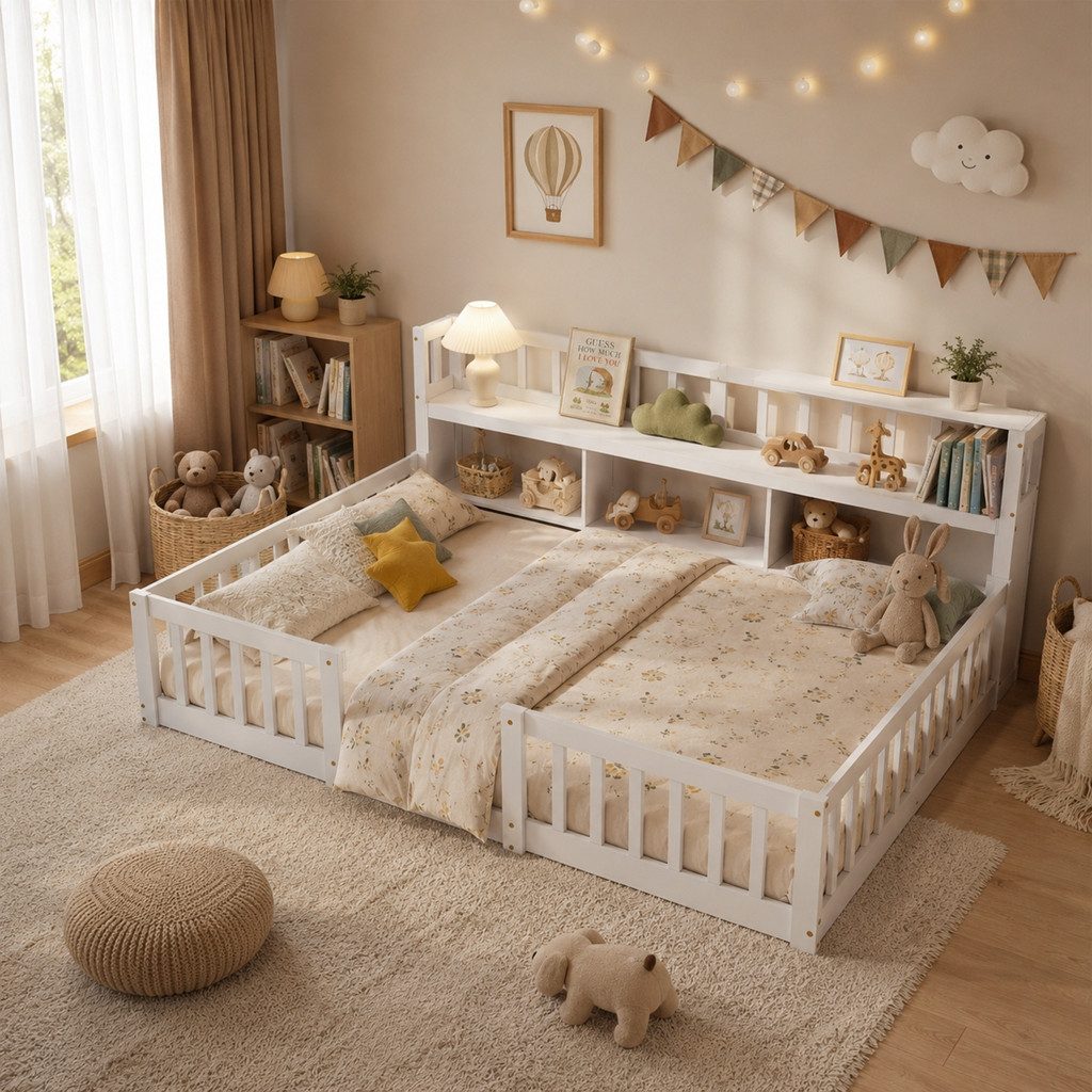 Simurq Kinderbett Bodenbett 140x200 cm, Massivholzbett mit Rausfallschutz & Lattenrost (1-tlg, Montessori Bett 140x200 mit Stauraum), Jugendbett, Bettrahmen aus Massivholz, modernes Design