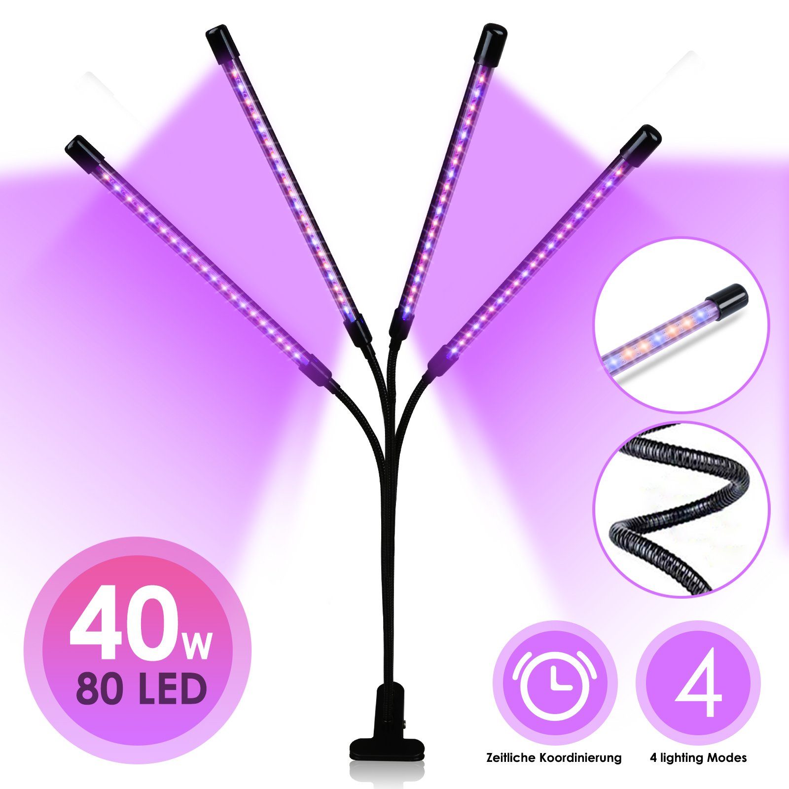 Lospitch Pflanzenlampe LED Pflanzenlicht 80 LEDs 4 Köpfe Grow Lampe Pflanzenleuchte, Wachstumslampe Pflanzen 10 Dimmstufen LED Zimmerpflanzen Vollspektrum