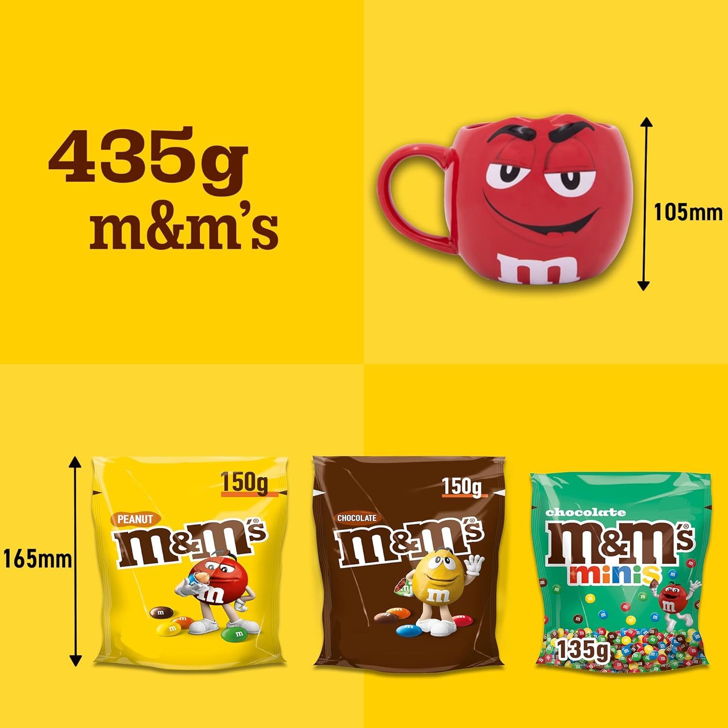 M&M's Süßigkeit M&M'S Chocolate 150g + Minis 135g + Peanut 150g + Tasse