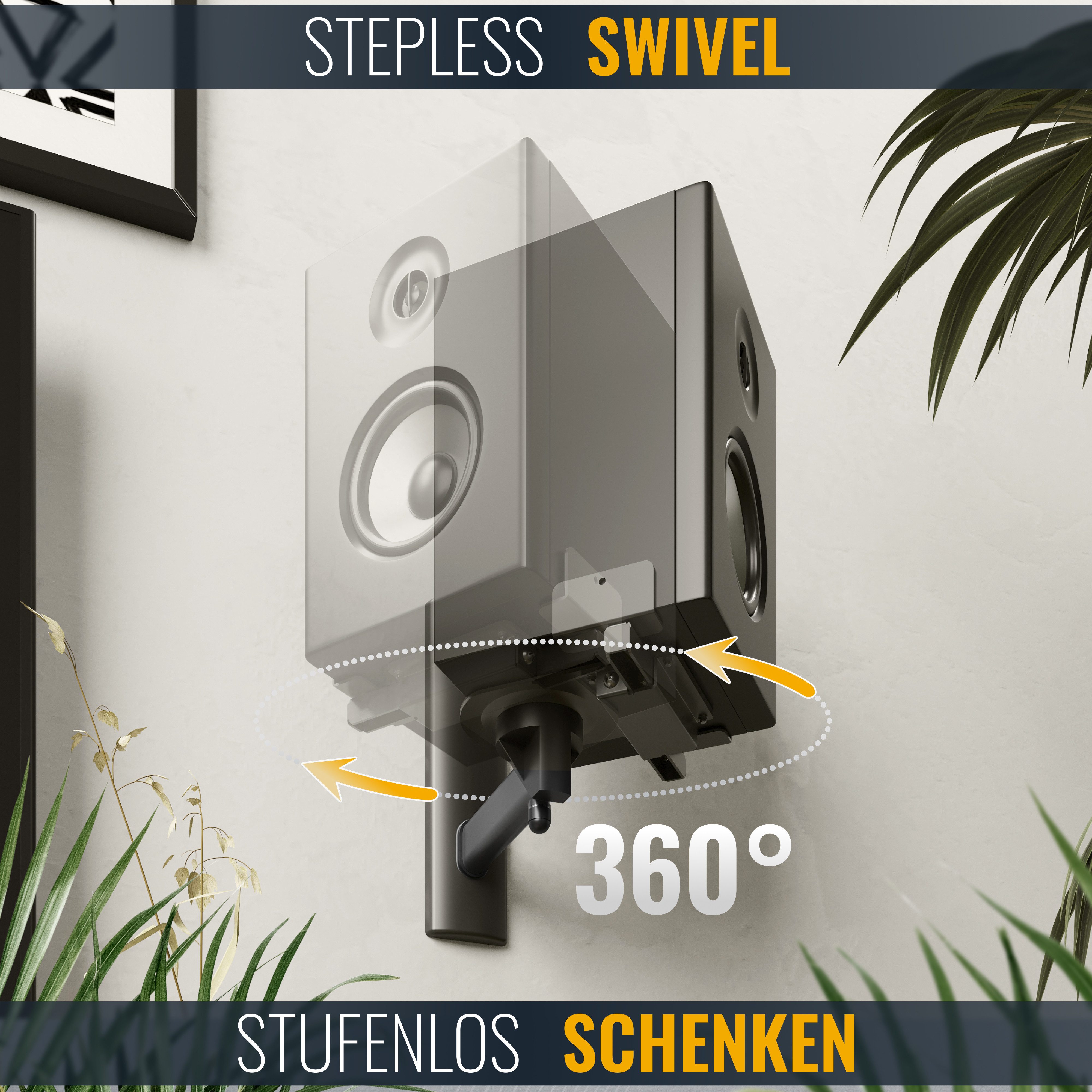 RICOO Lautsprecher-Wandhalterung Lautsprecher Wandhalterung schwenkbar unviersal Halterung LH023-B, (Set 2 Stk. Box Speaker Halter schwarz, 2-tlg., 2x universal Wandhalter für Lautsprecher Boxen schwenkbar neigbar, max. 25 Kg. Lautsprecher von 155mm bis 280mm. 360° Schwenkung)