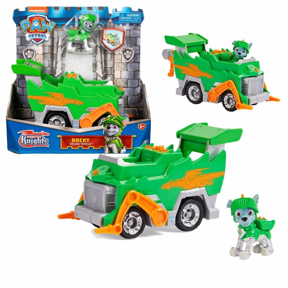PAW PATROL Spielzeug-Auto Fahrzeuge Rescue Knights Paw Patrol Deluxe Autos mit Spiel-Figuren Rocky
