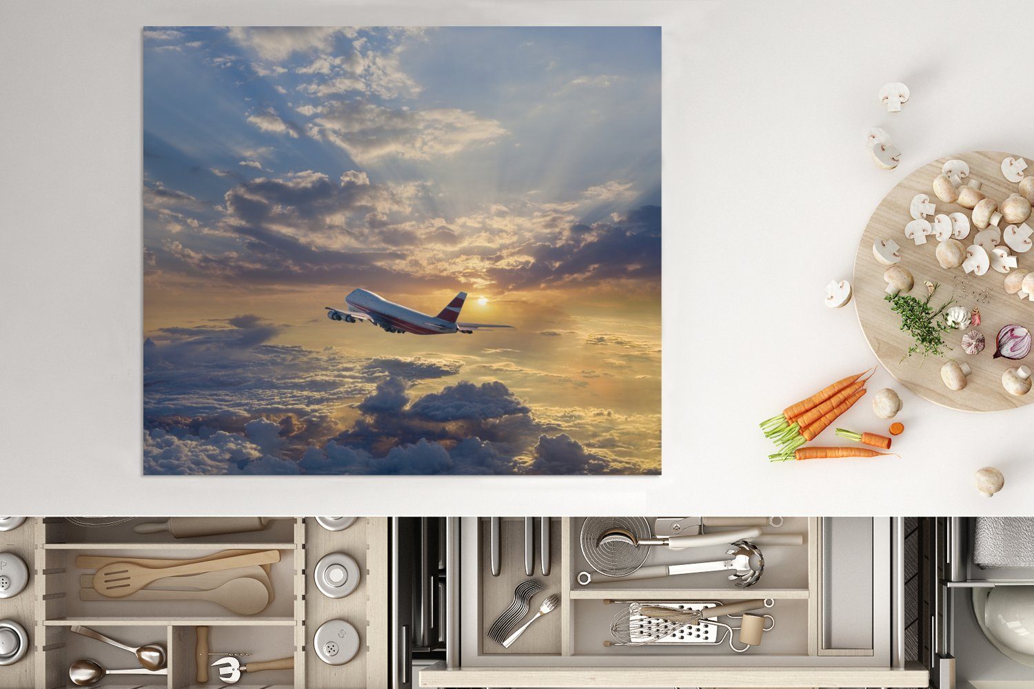 cm, Flugzeug MuchoWow Himmel, durch Ceranfeldabdeckung Vinyl, 60x52 tlg), Arbeitsfläche nutzbar, dramatischen fliegt Herdblende-/Abdeckplatte (1 Mobile
