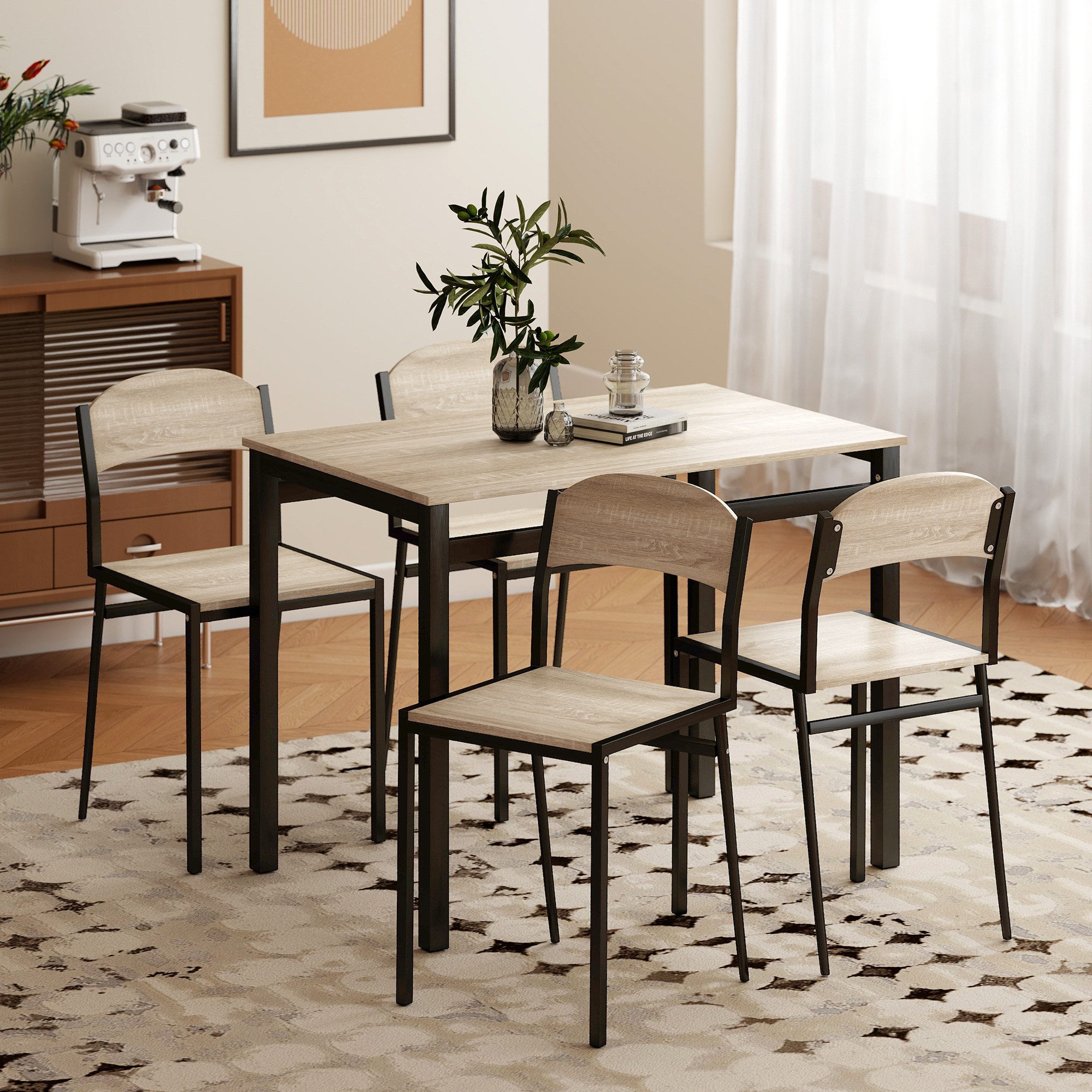 HOMCOM Essgruppe Rechteckig Esszimmergruppe Modern für kleine Raum, Eiche, (Küchentisch-Set, 5-tlg., Esszimmertisch), für Esszimmer, Küche, Naturholz+Schwarz