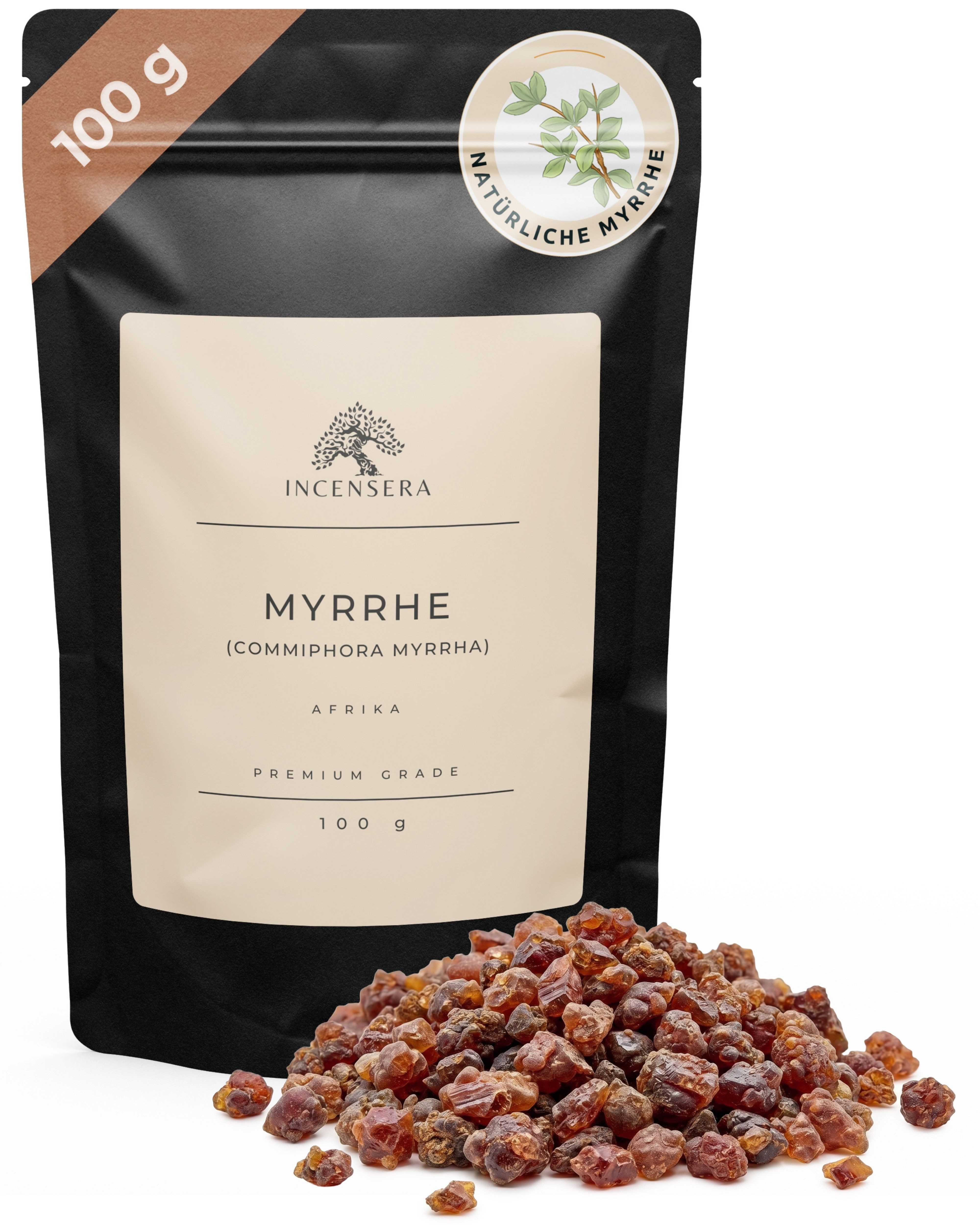 Incensera Räucherschale Myrrhe Harz zum Räuchern, Räucherharz Räucherwerk Baumharz Myrrh Resin, naturbelassen, ohne Zusätze, handverlesen, wiederverschließbar