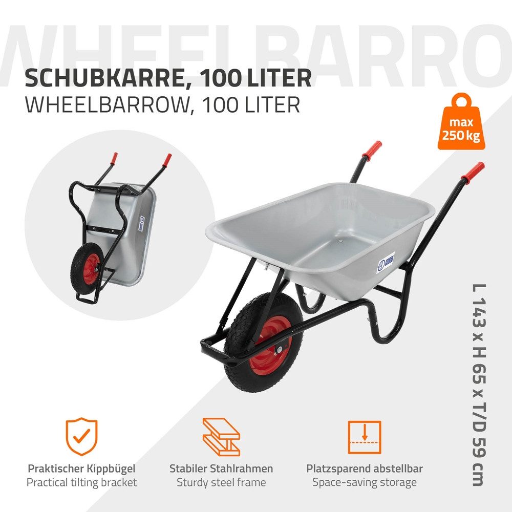 ECD Germany Schubkarre Bauschubkarre Transportkarre für Garten 100L mit Metallfelge, Gartenschubkarre Stahl Wanne Silber 143cmx59cmx65cm Arbeitskarre