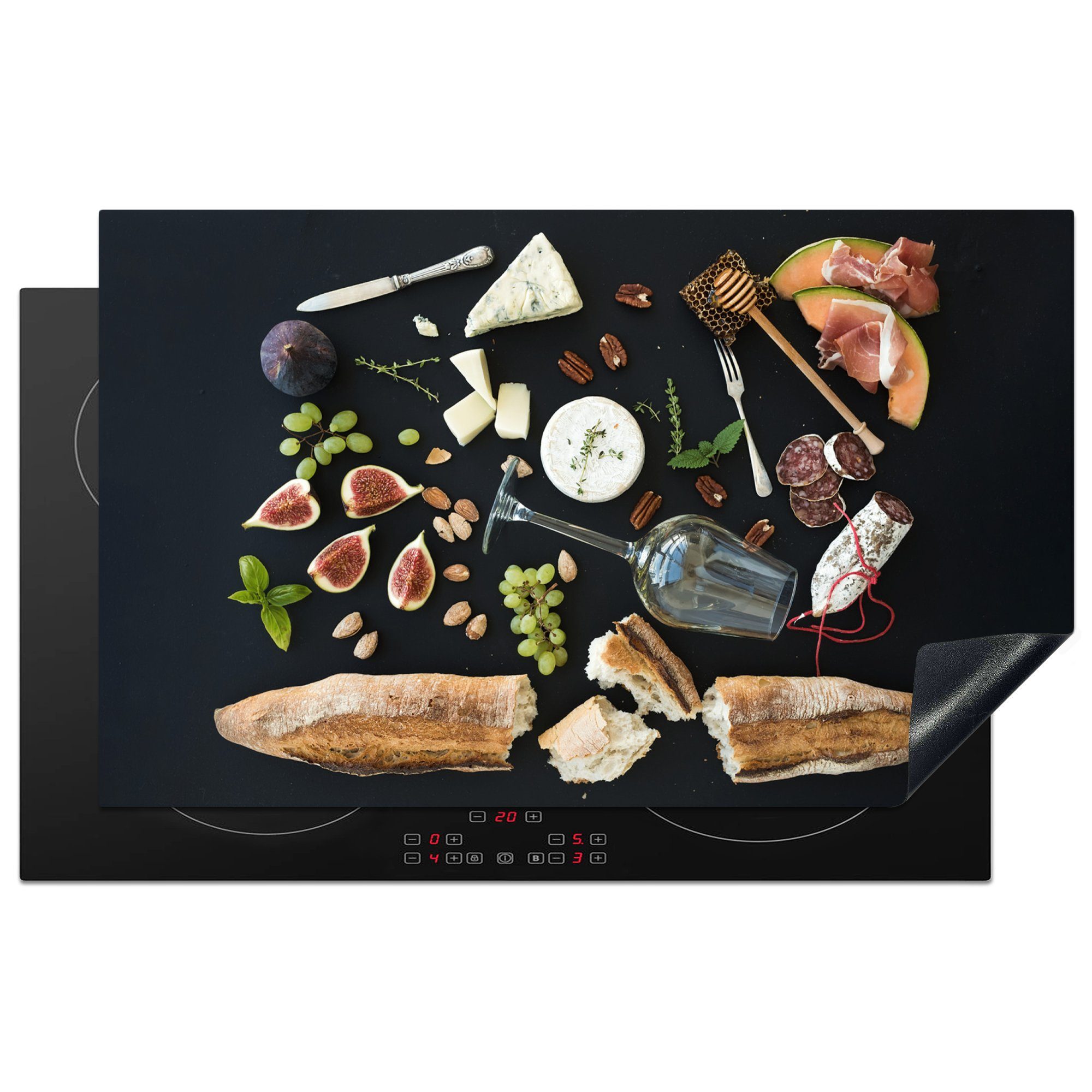 MuchoWow Herdblende-/Abdeckplatte Wein - Obst - Käse - Induktionsschutz, Vinyl, (1 tlg), 83x51 cm, Ceranfeldabdeckung, Arbeitsplatte für küche