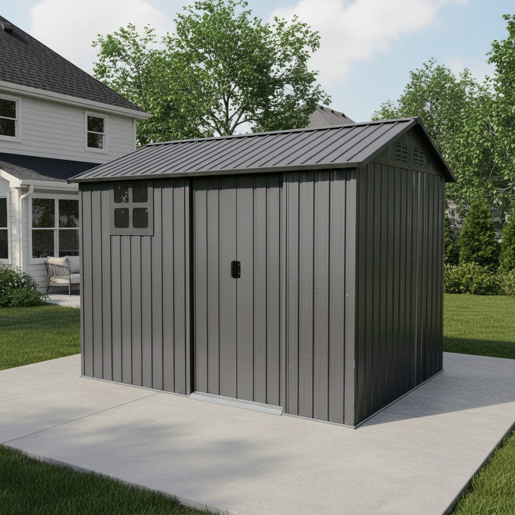 Rolipo Gerätehaus Metall Gartenhaus mit Fenster und Doppeltüren 254,8x183,5x193,3 cm, verzinkter Stahl, Spielzimmer für Eltern und Kinder/Haustiere