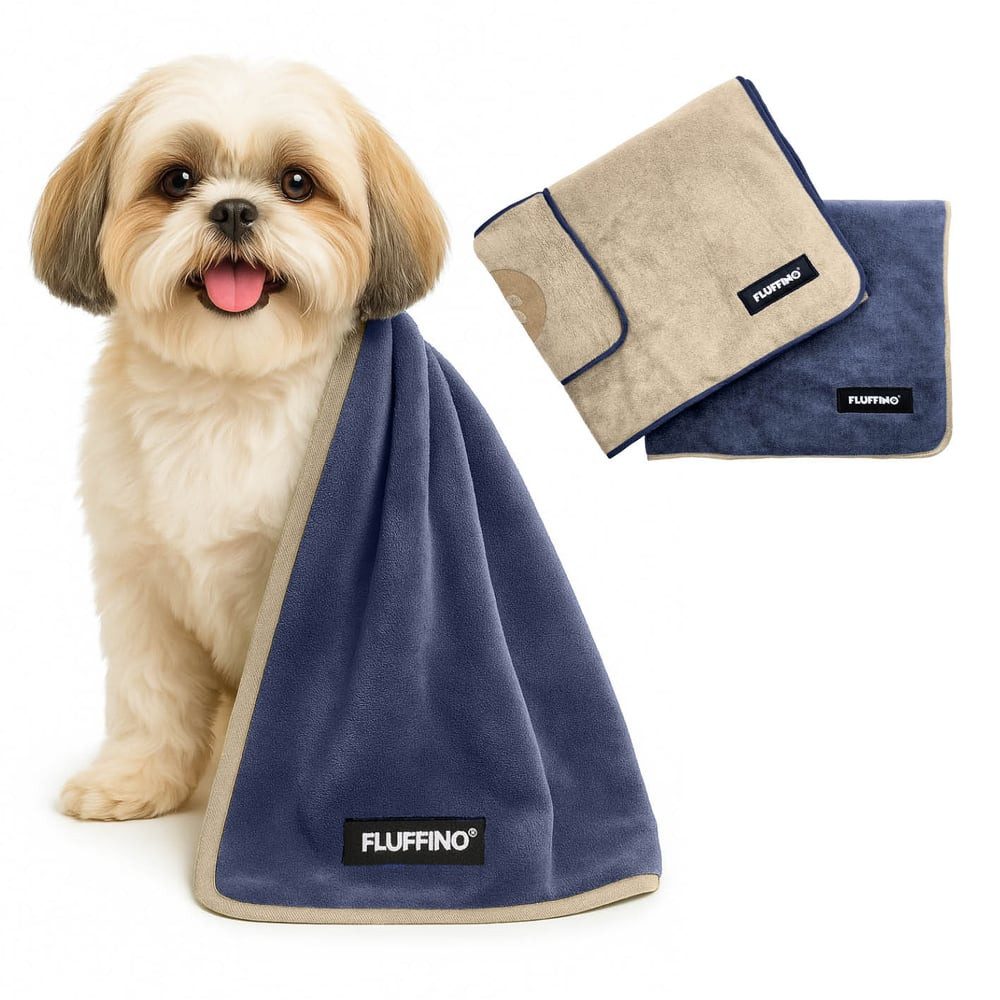 FLUFFINO® Hundehandtuch Mikrofaser 2er-Pack 90x50cm Beige & Blau, FLUFFINO Hundehandtuch (2er-Pack) dog towel (2-pack)