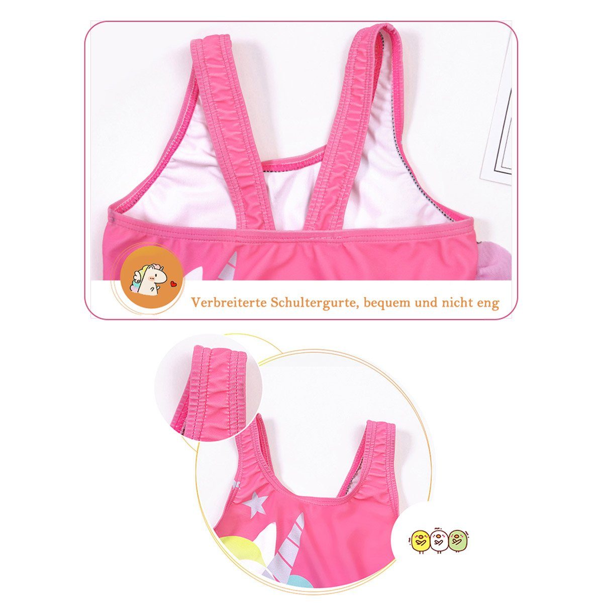 Vivi Idee Badeanzug mit Badekappe für Kinder Mädchen Einhörnchen 1-8 Jahre, UPF 50+ UV Schutz, Kurzarm