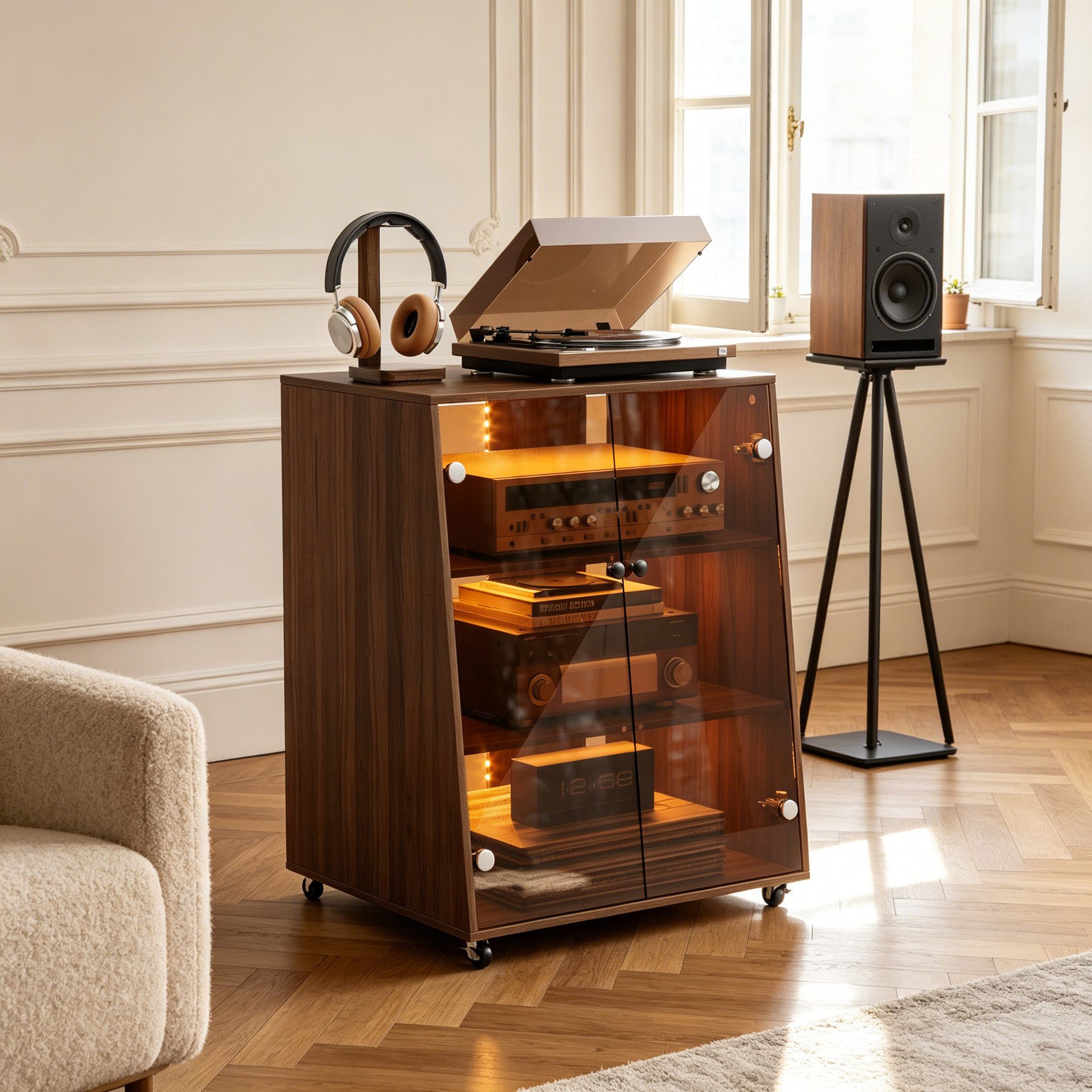 PEALOV TV-Regal 4-stufiger Medienständer, mit Sicherheitsglas-Türen und Bremsrollen, 1-tlg., Mobiles Stereo-Rack mit RGB-Beleuchtung, modernes HiFi Regal