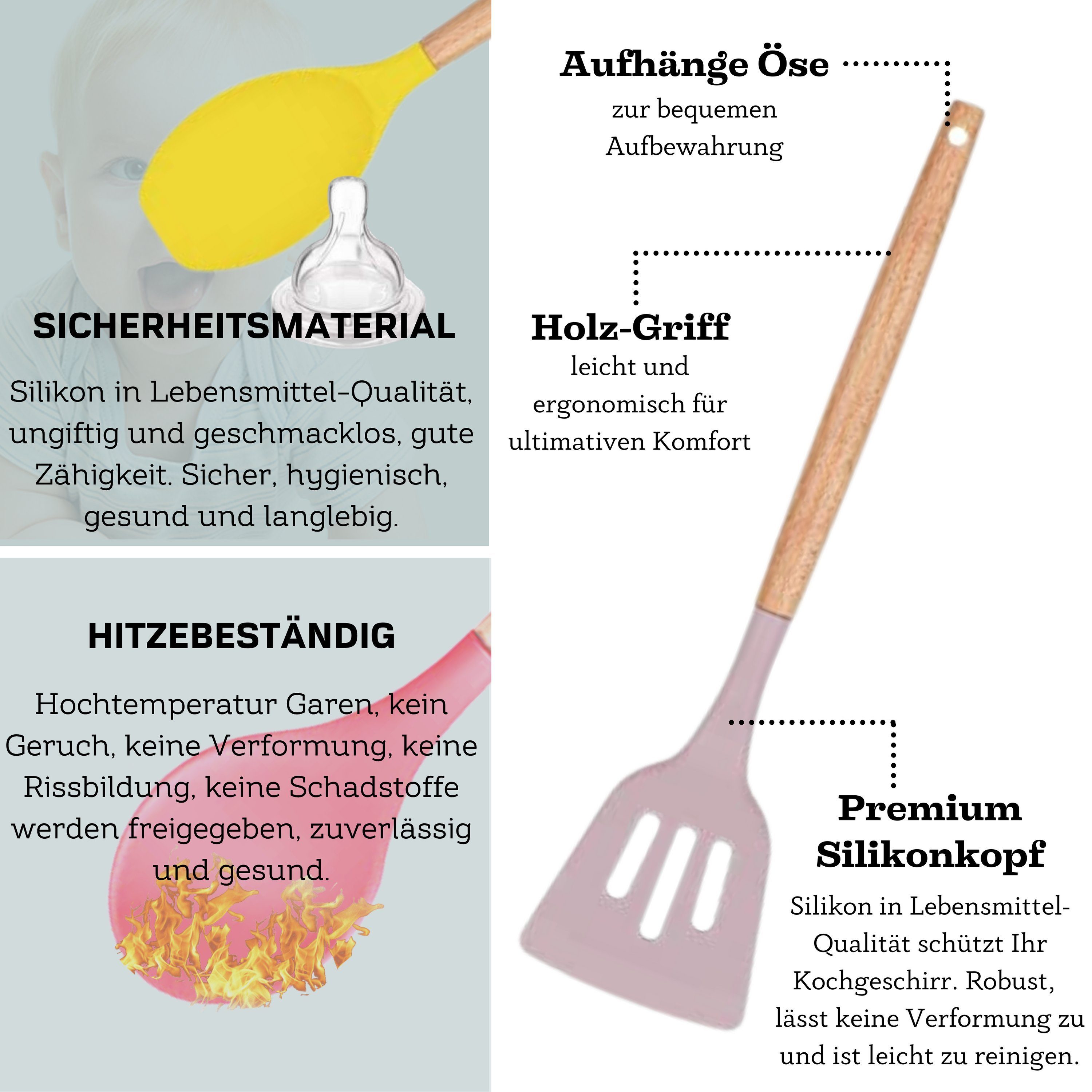 Faizee Möbel Kochbesteck-Set Küchenhelfer Set 12tlg Silikon Kochbesteck Holzgriff Küchenutensilien (12-tlg)