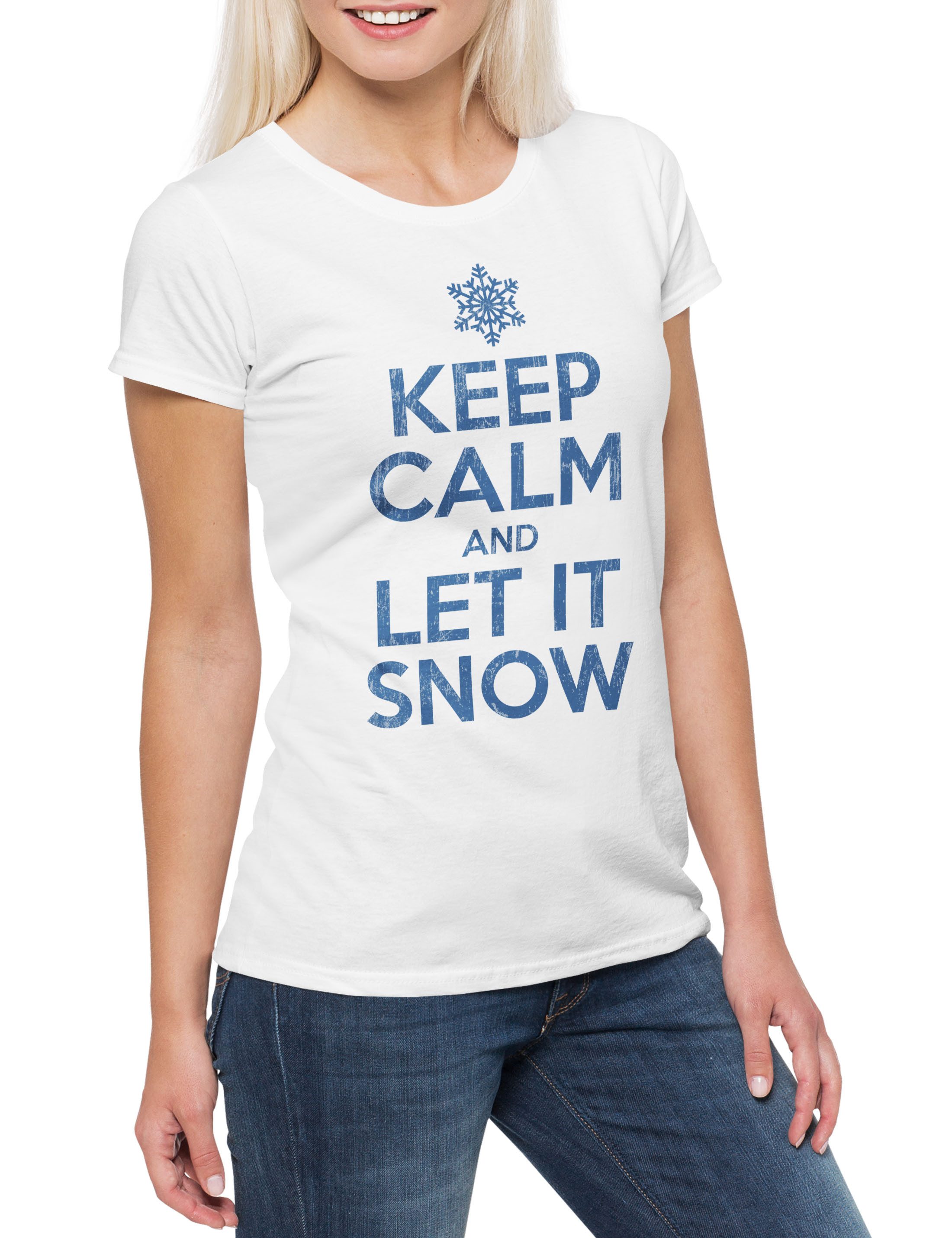 Print-Shirt Keep Calm And Let It Snow Damen T-Shirt White Cristmas X-Mas