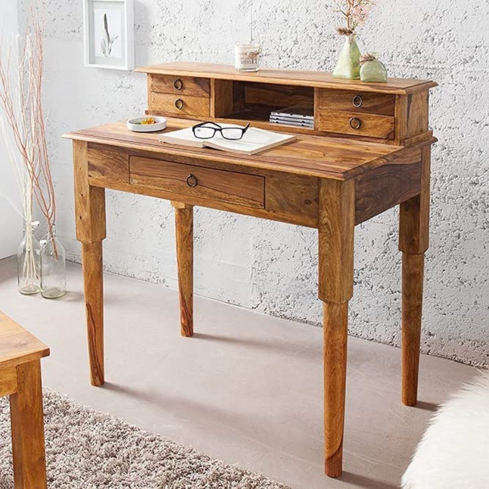 LebensWohnArt Schreibtisch Massiver Sekretär BOMBAY 90cm natural Palisander Schreibtisch