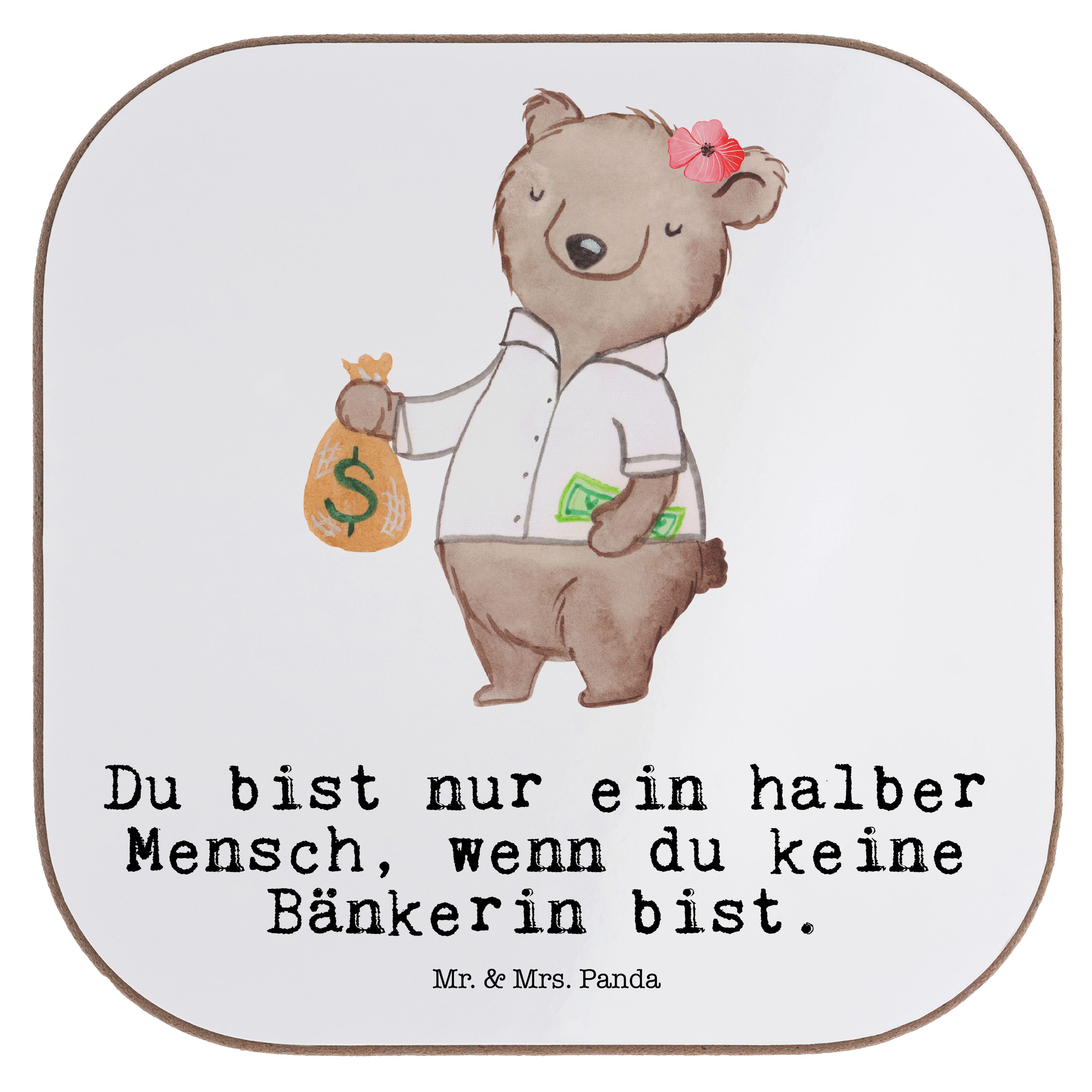 Mr. & Mrs. Panda Getränkeuntersetzer Bänkerin mit Herz - Weiß - Geschenk, Bankfachfrau, Bankangestellte, B, 1-tlg.