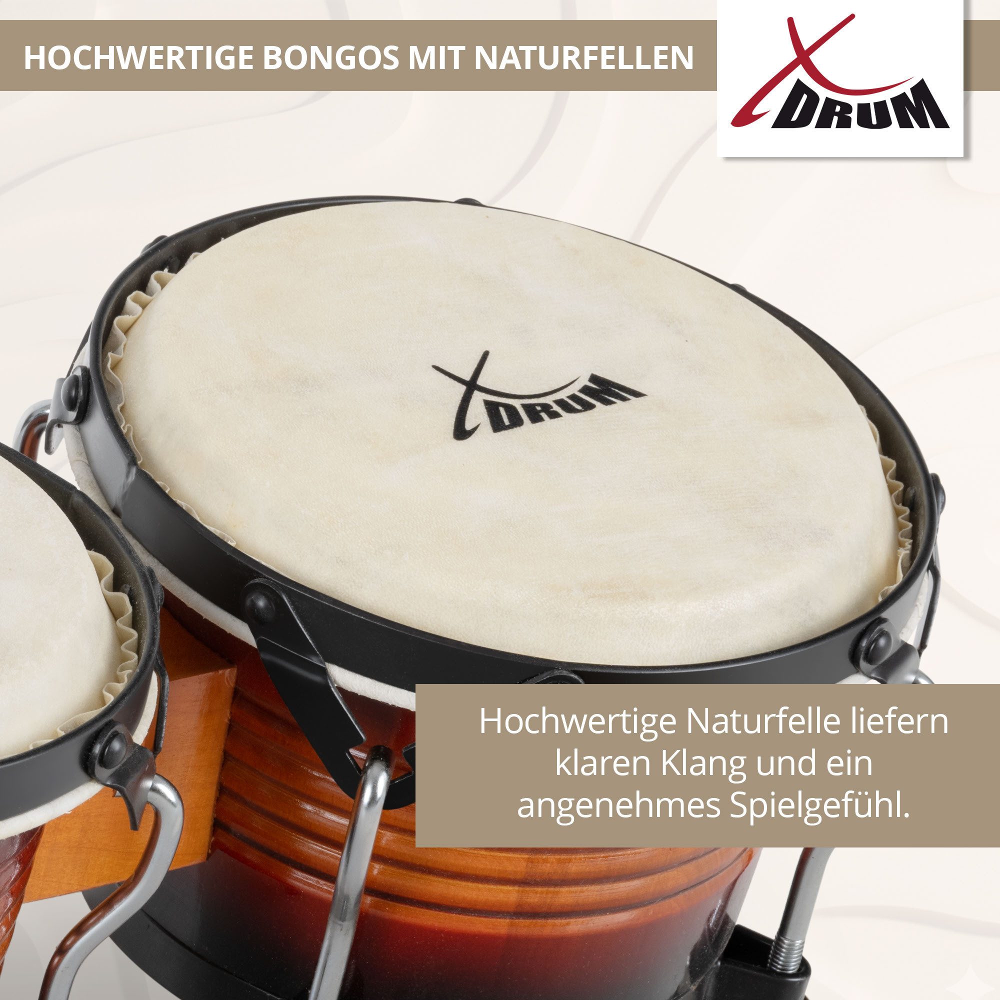 XDrum Bongo Pro - 6,5" Macho und 7,5" Hembra, mit stimmbaren Naturfellen - Holz: Birke