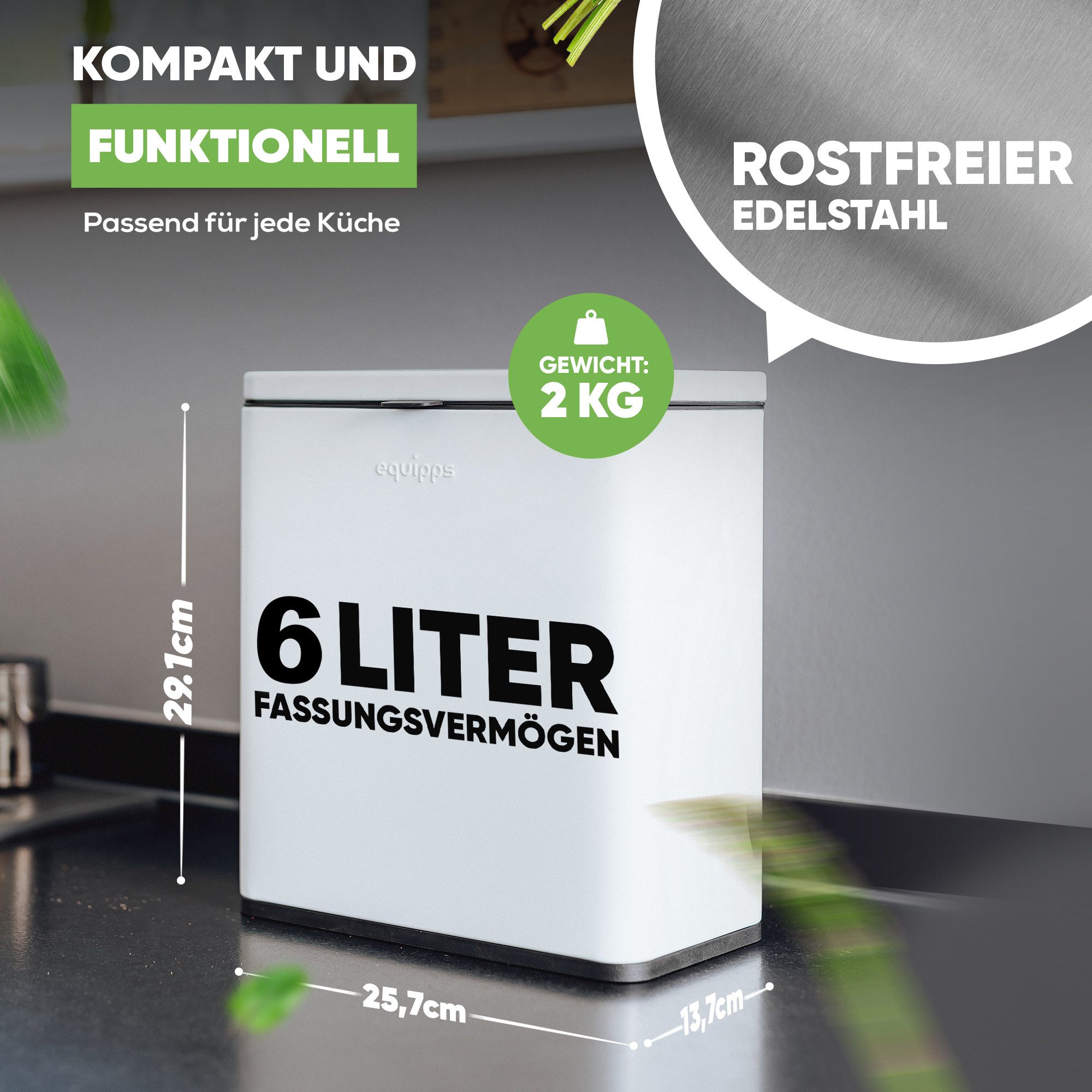 equipps Biomülleimer Biomülleimer mit Geruchsfilter 6L, Komposteimer Küche für Biomüll, mit Aktivkohlefilter, Schwingdeckel