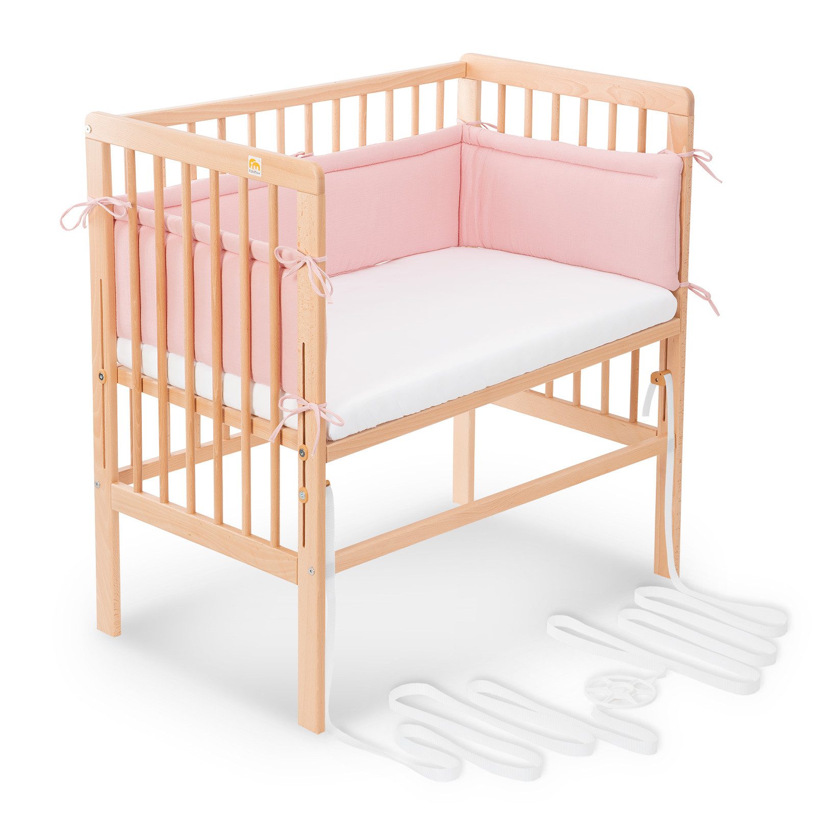 FabiMax Beistellbett Babybett Boxspring Natur, 90 x 55 cm Liegefläche, aus Buchenholz, Stufenlos höhenverstellbar 40-73 cm, Holz-Lattenrost