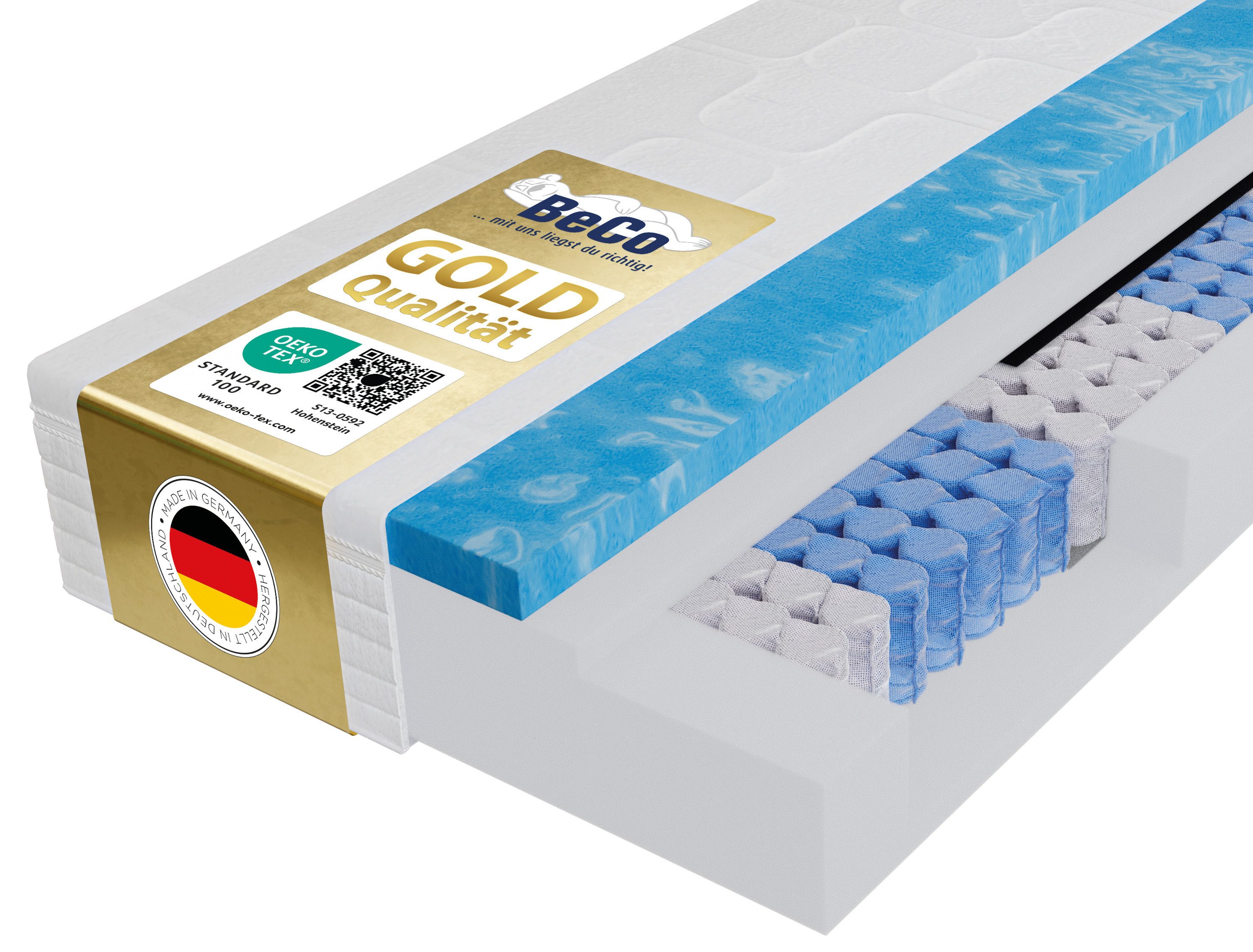 Taschenfederkernmatratze Royal Komfort Gel – GOLD TFK-Matratze mit Geltopper für Luxusschlaf, Beco, 26 cm hoch, Mit integriertem Geltopper, Wendematratze, Ideal auch in 140x200