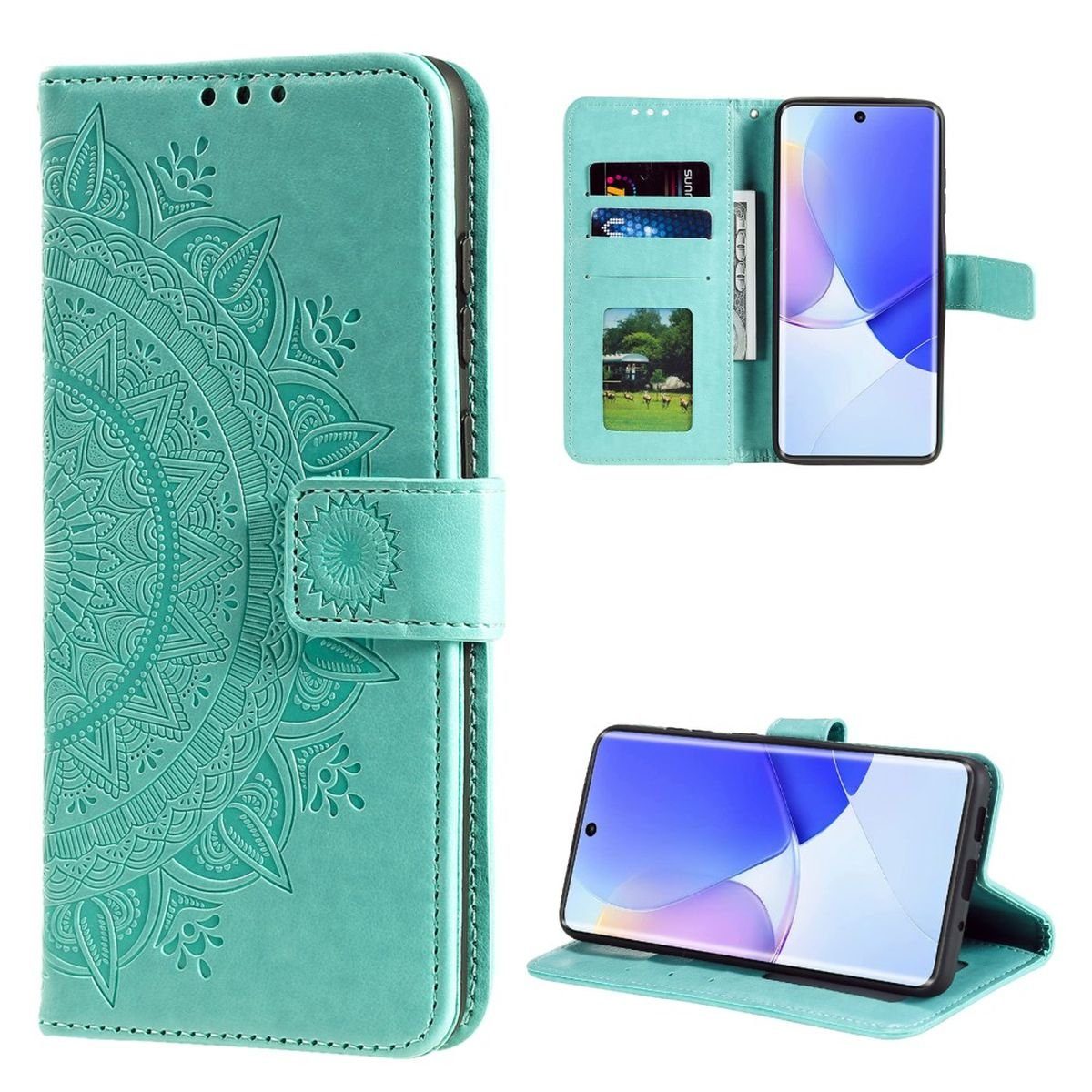 CoverKingz Handyhülle Hülle für Huawei Nova 9 / Honor 50 Handyhülle Flip Case Cover Etui 16,69 cm (6,57 Zoll), Klapphülle Schutzhülle mit Kartenfach Schutztasche Motiv Mandala