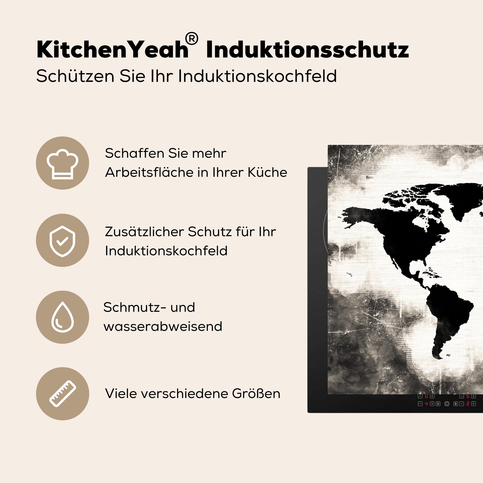 MuchoWow Herdblende-/Abdeckplatte Weltkarte für Induktionskochfeld - die Weiß Schwarz - (1 Holz, tlg), 81x52 Ceranfeldabdeckung Vinyl, cm, Schutz küche, 