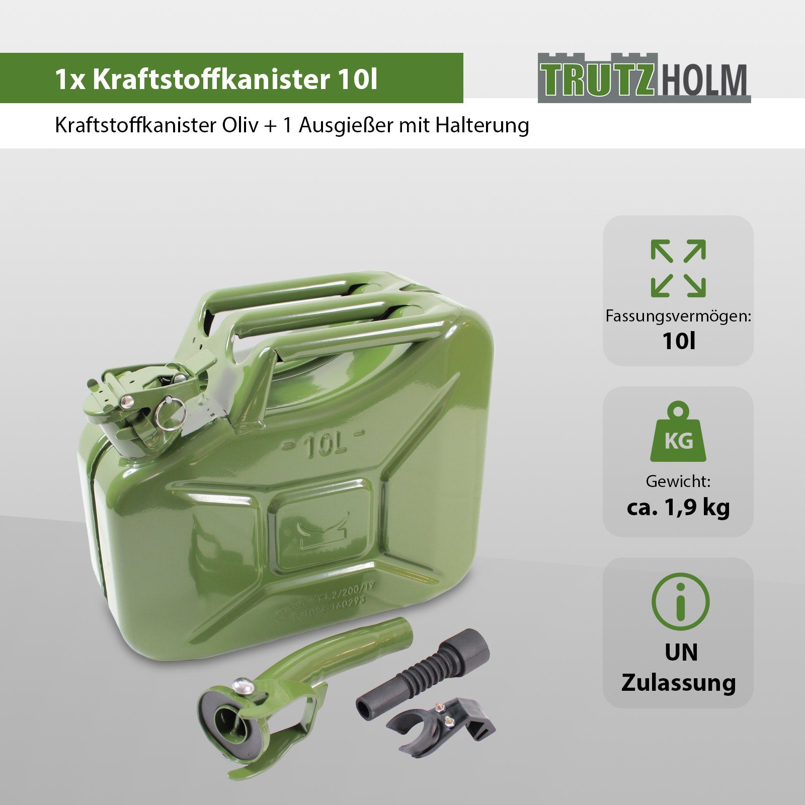 TRUTZHOLM Kanister 1x Benzinkanister Liter Ausgie inkl. Metall Kraftstoffkanister 10 Oliv