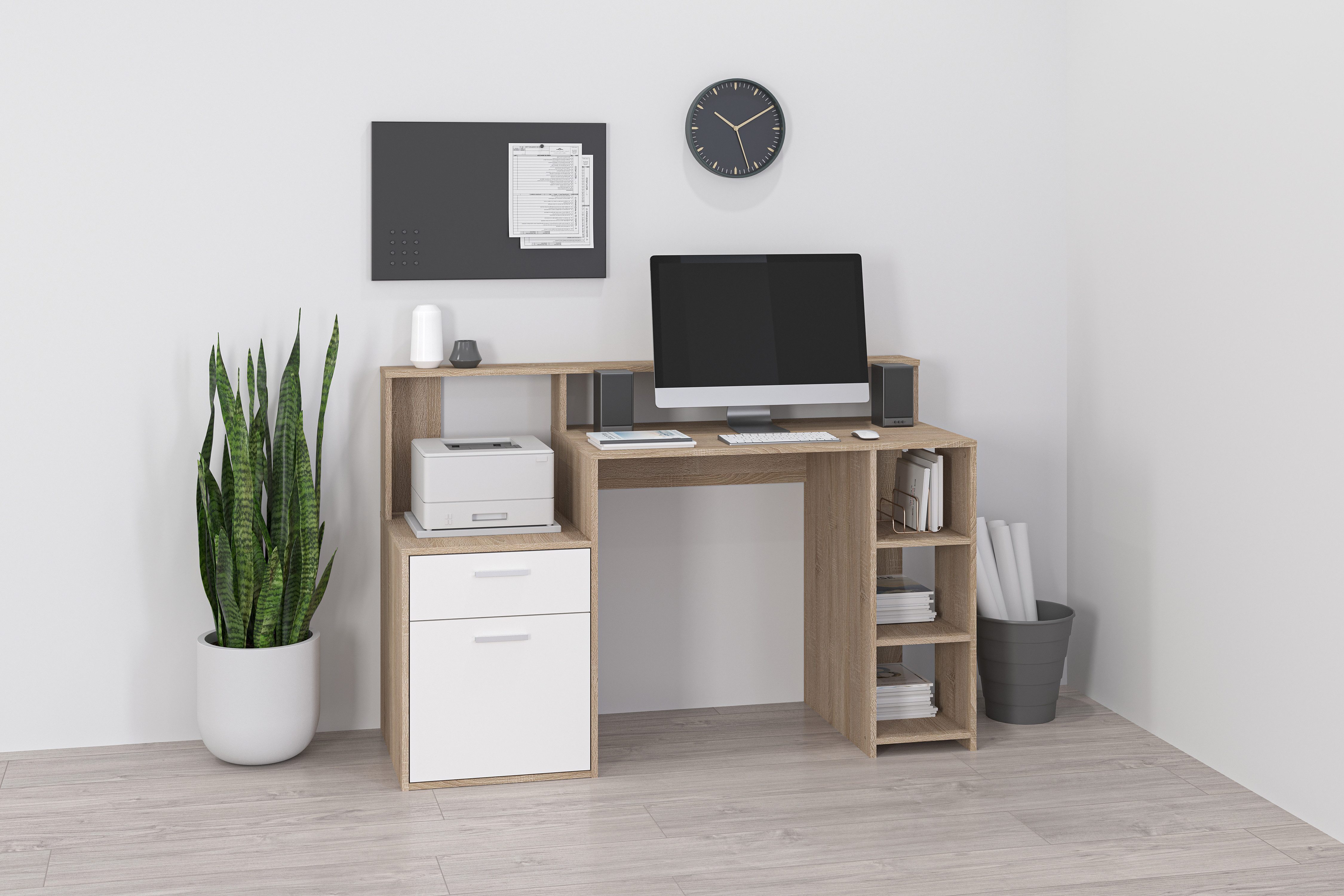 FMD Regal-Schreibtisch Bolton, Schreibtisch mit Stauraum und Ablage, offene Fächer, 138,5 cm breit