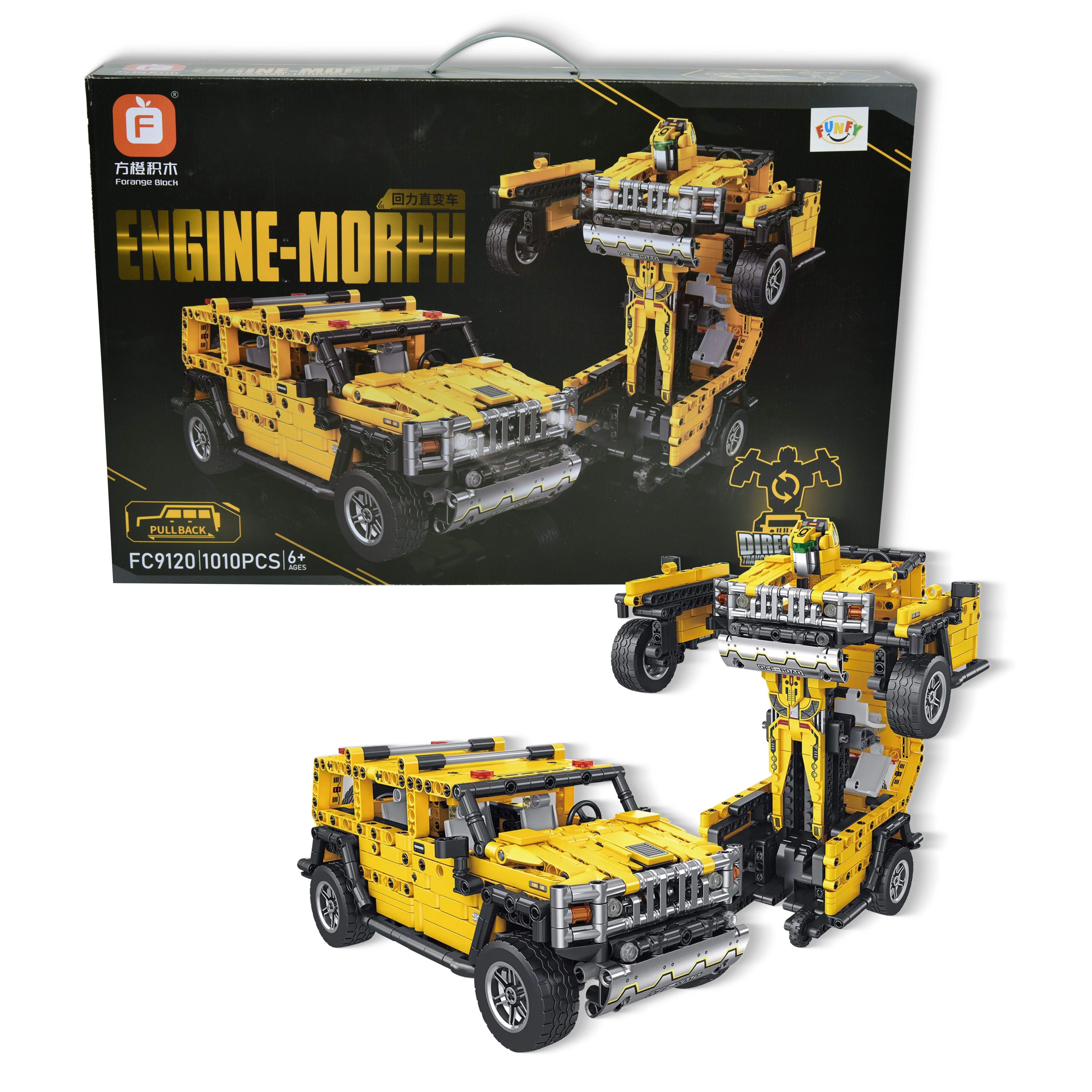 Actionfigur 1010-teiliges 2-in-1-Pullback-Auto und Transformer-Bausteinspielzeug