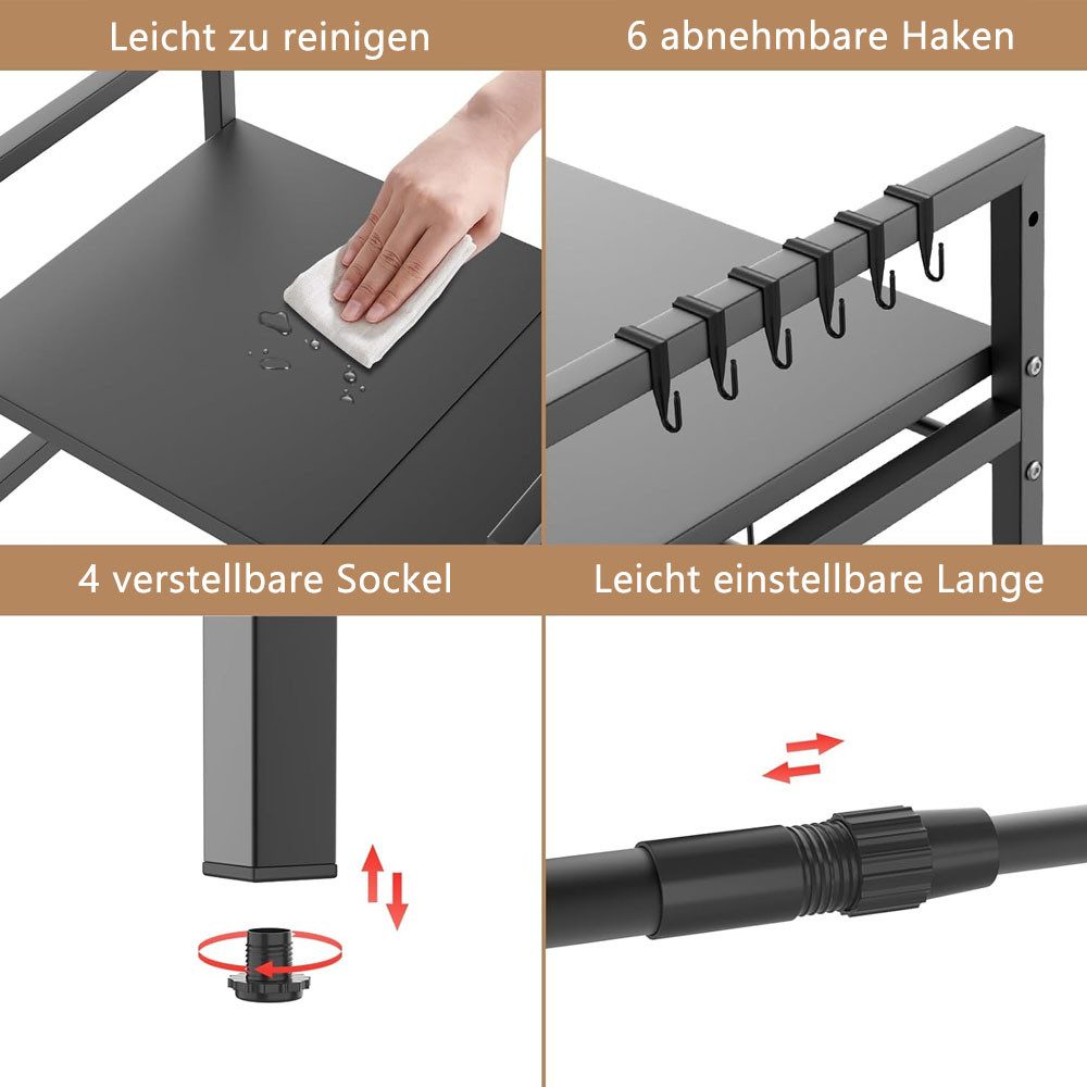TUWENA Küchenregal Erweiterbares Mikrowellen Regal, Platzsparender Organizer für Küche, Regal über mikrowelle, küchenregal stehend für arbeitsplatte mit Haken – Bild 3 von 5