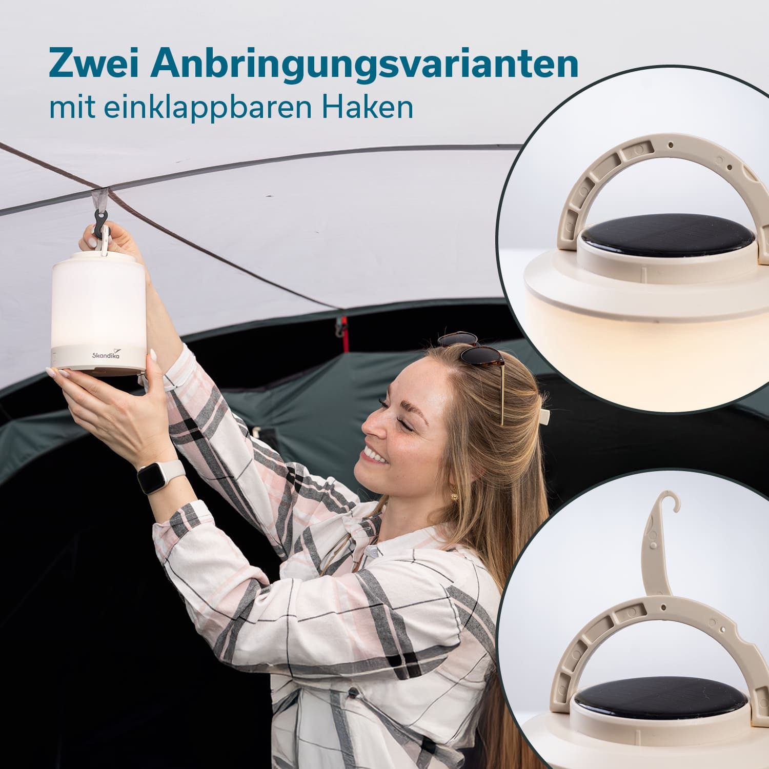 Skandika LED Gartenleuchte Campinglampe Nordsol, wiederaufladbare LED Lampe warmweiß, Powerbank, 80 bis 130 Lumen, mit USB Typ C Ladekabel, 2x 1800 mAh, zum Aufhängen