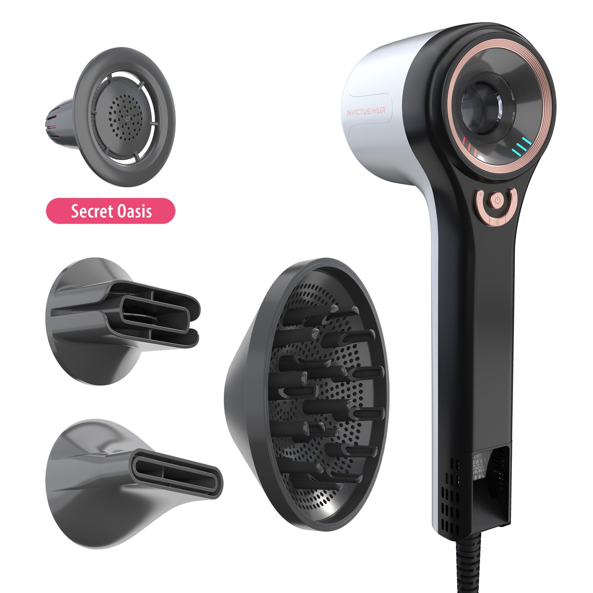 Genius Haartrockner Genius Invictus Hair D7 Ionen Haartrockner 5 tlg, Reise, 1600,00 W, extra langes 2,6 Meter Stromkabel, inklu. Pflege- & Duftaufsatz, innovative negative Ionen-Technologie