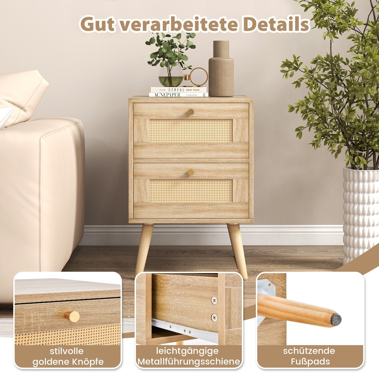 COSTWAY Nachttisch Beistelltisch (1-St), mit 2 Schubladen, 40 x 40 x 59 cm, Holz – Bild 5 von 5