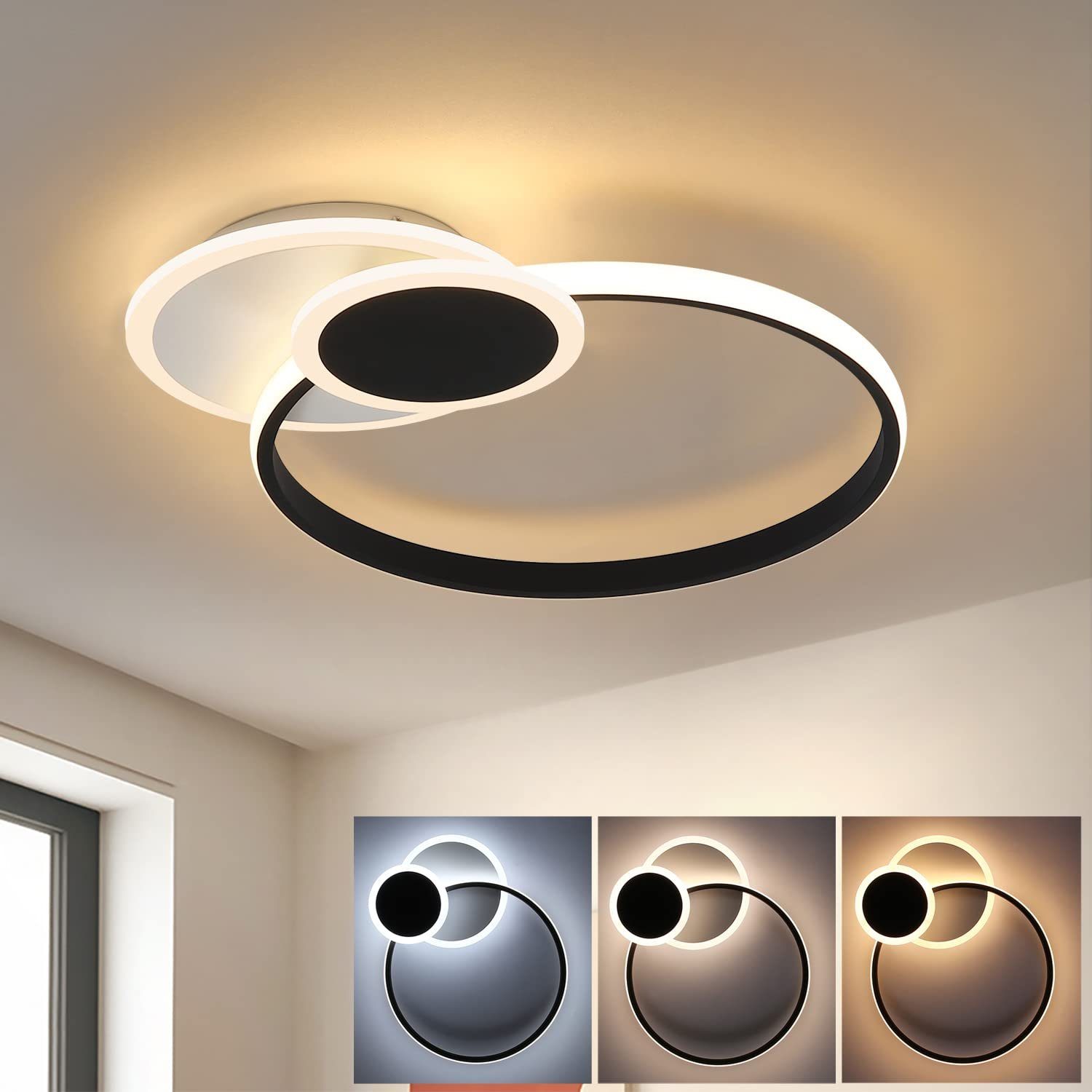 ZMH LED Deckenleuchte Modern 3 Ring Design in Schwarz und Weiß 39W 44cm,  dimmbar mit Fernbedienung, LED fest integriert, warmweiß-kaltweiß