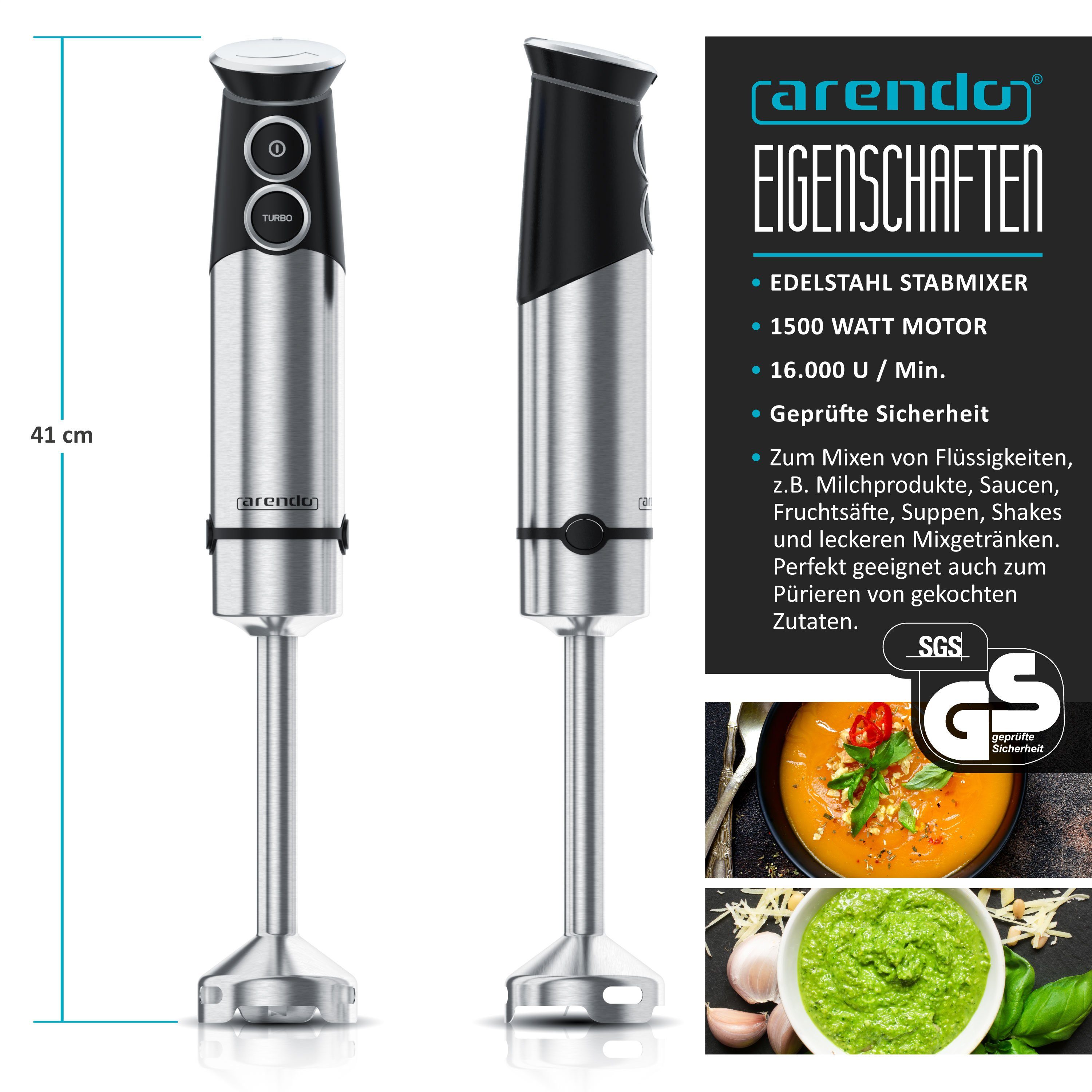 Arendo Stabmixer Edelstahl Pürierstab, Handmixer, stufenlose Regelung, silber, 1500 W, 2 Geschwindigkeitsstufen, 4-Klingen, einfache Reinigung, DC Motor