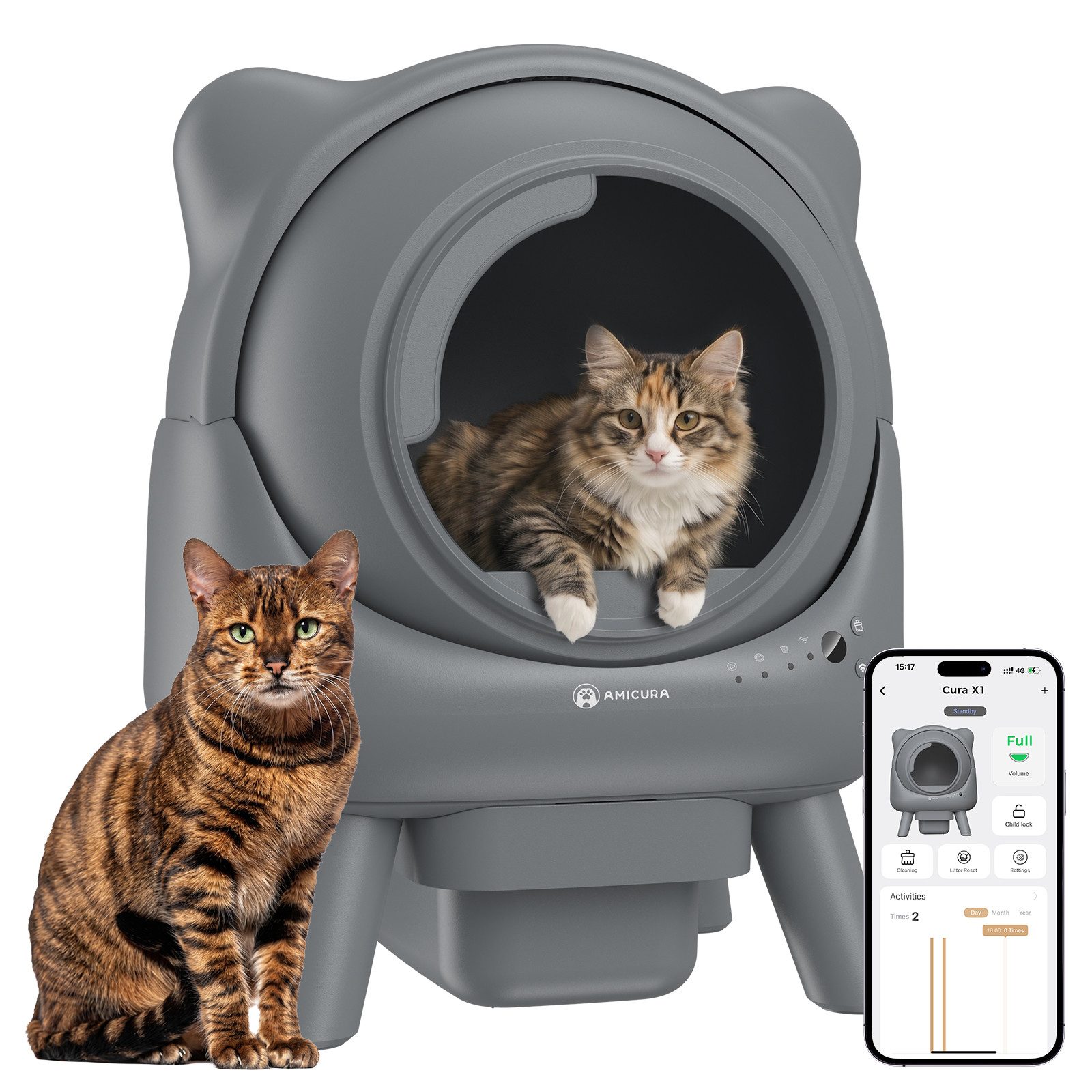 AmiCura Katzenecktoilette 2026 katzenklo selbstreinigend 95L/12 selbstreinigende katzentoilette, XXL Katzenklo 95L+12L, 50 dB leise, sicher für mehrere Katzen