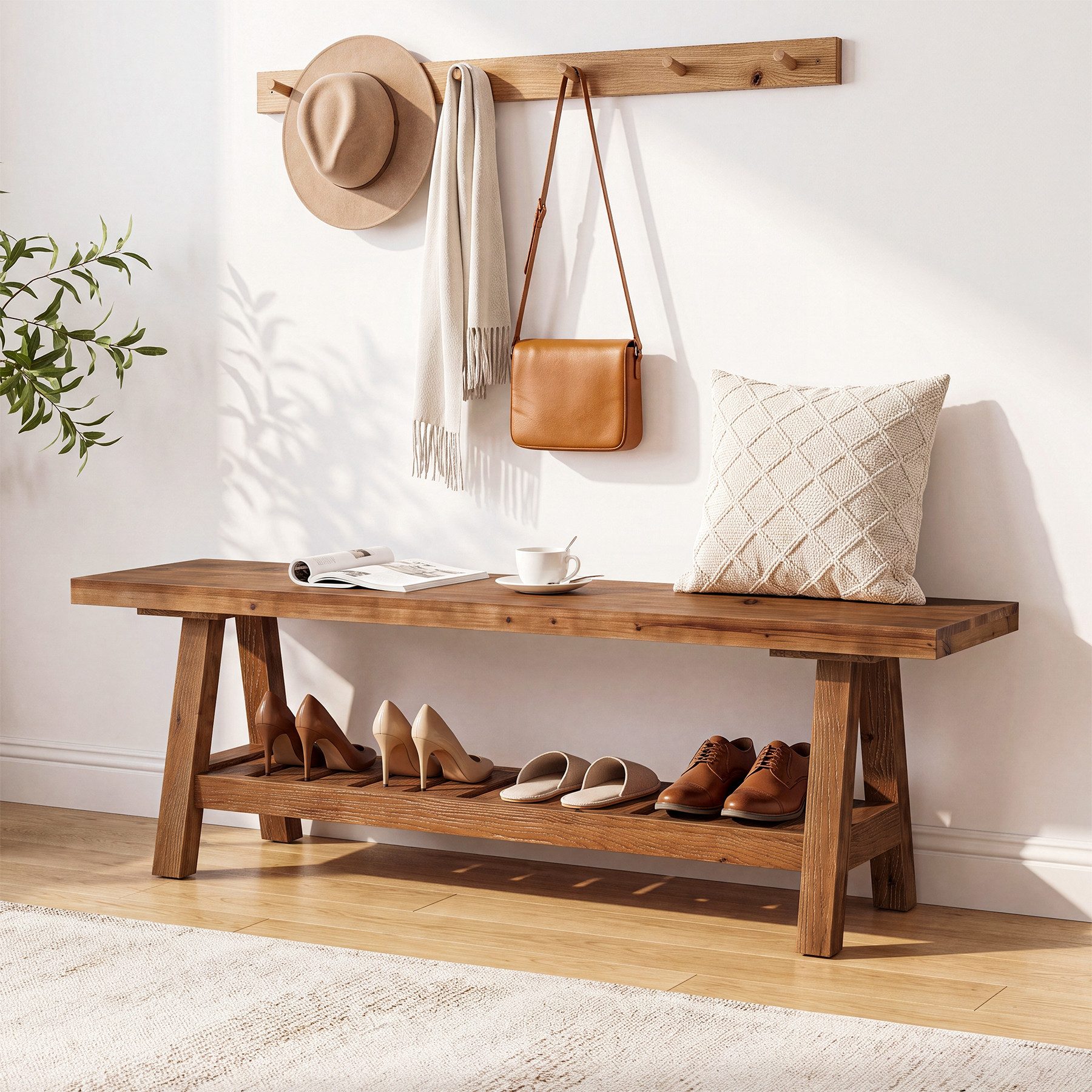 Tribesigns Schuhbank Massive Holz-Eingangsbank, 140 cm lange Schuhbank mit Ablagefach, für Flur, Schlafzimmer, Wohnzimmer, Braun