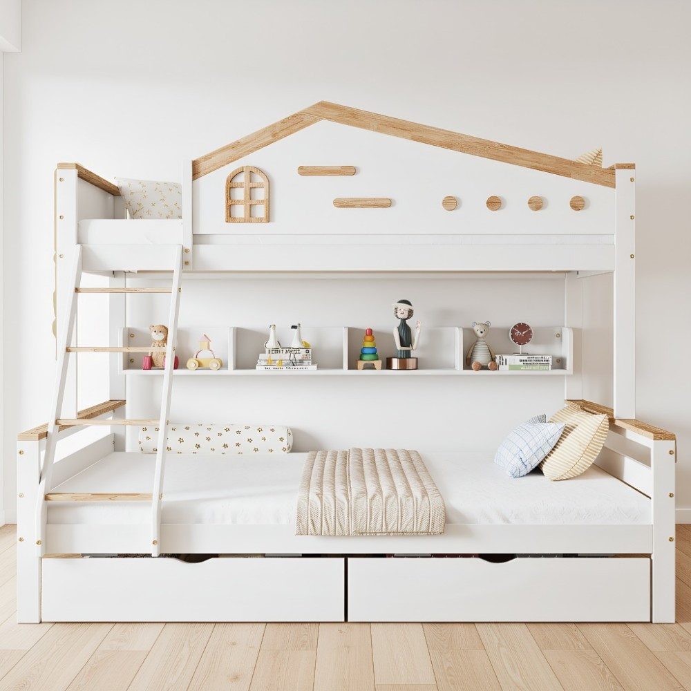 MODFU Etagenbett mit Fenster, Fallschutzgitter, 2 Schubladen & Offenes Regal (Kinderbett, 4-stufige Schrägleiter, Weiß+Natur, Kiefer+MDF, Gästebett 90x200cm & 140x200cm), ohne Matratze