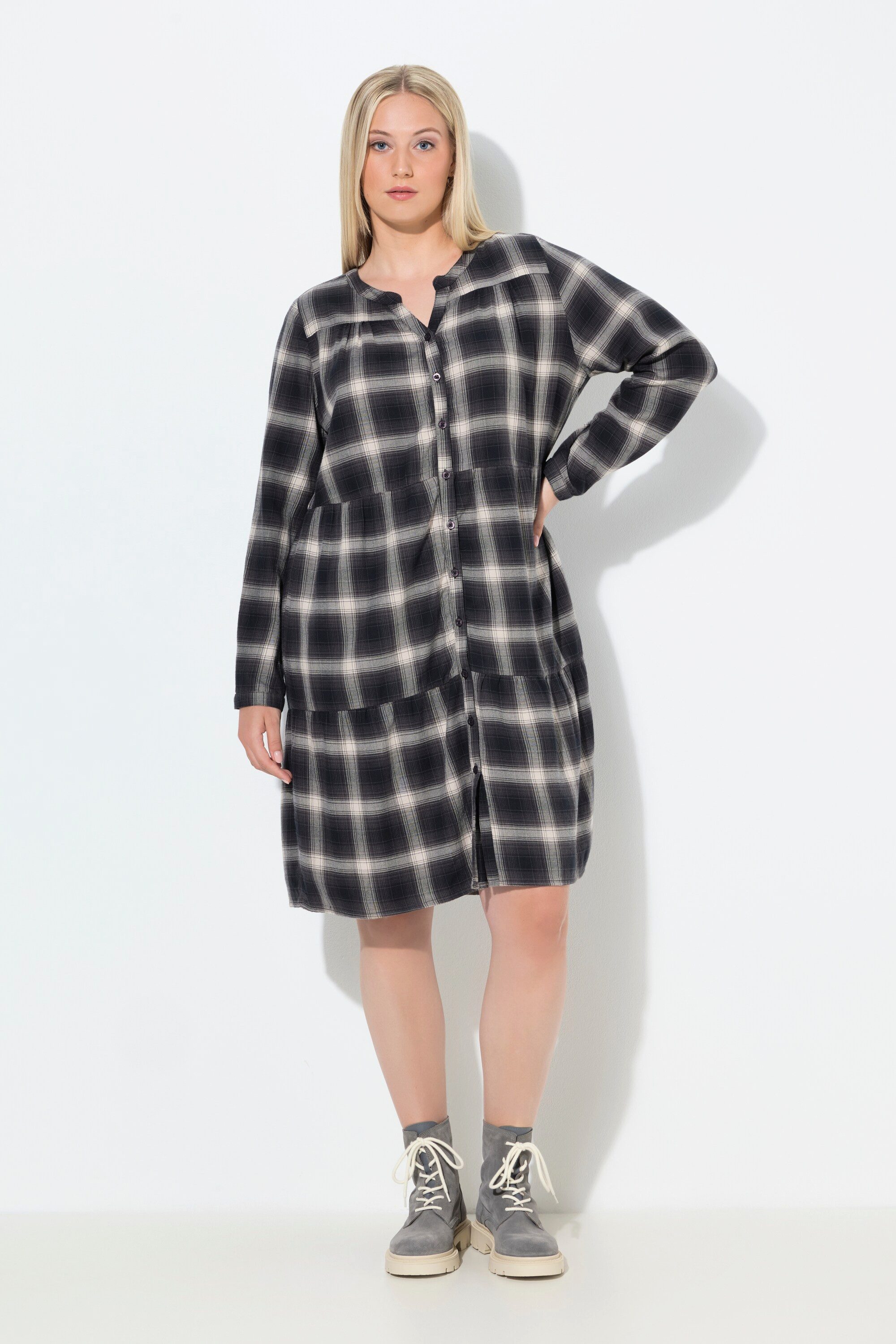 Ulla Popken Jerseykleid Kleid Karo A-Linie Tunika-Ausschnitt Langarm