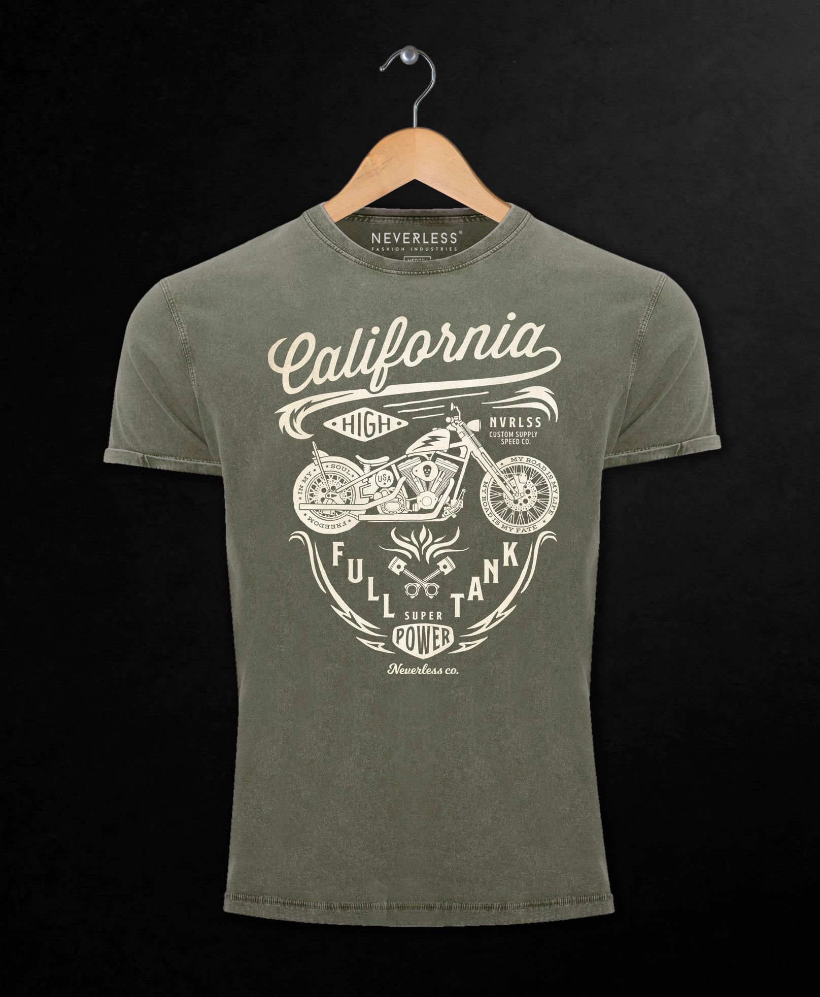 Motorrad Full mit Used Schriftzug Print Neverless® Vintage Neverless California Tank oliv Slim Print-Shirt Biker Shirt Herren Fit Look